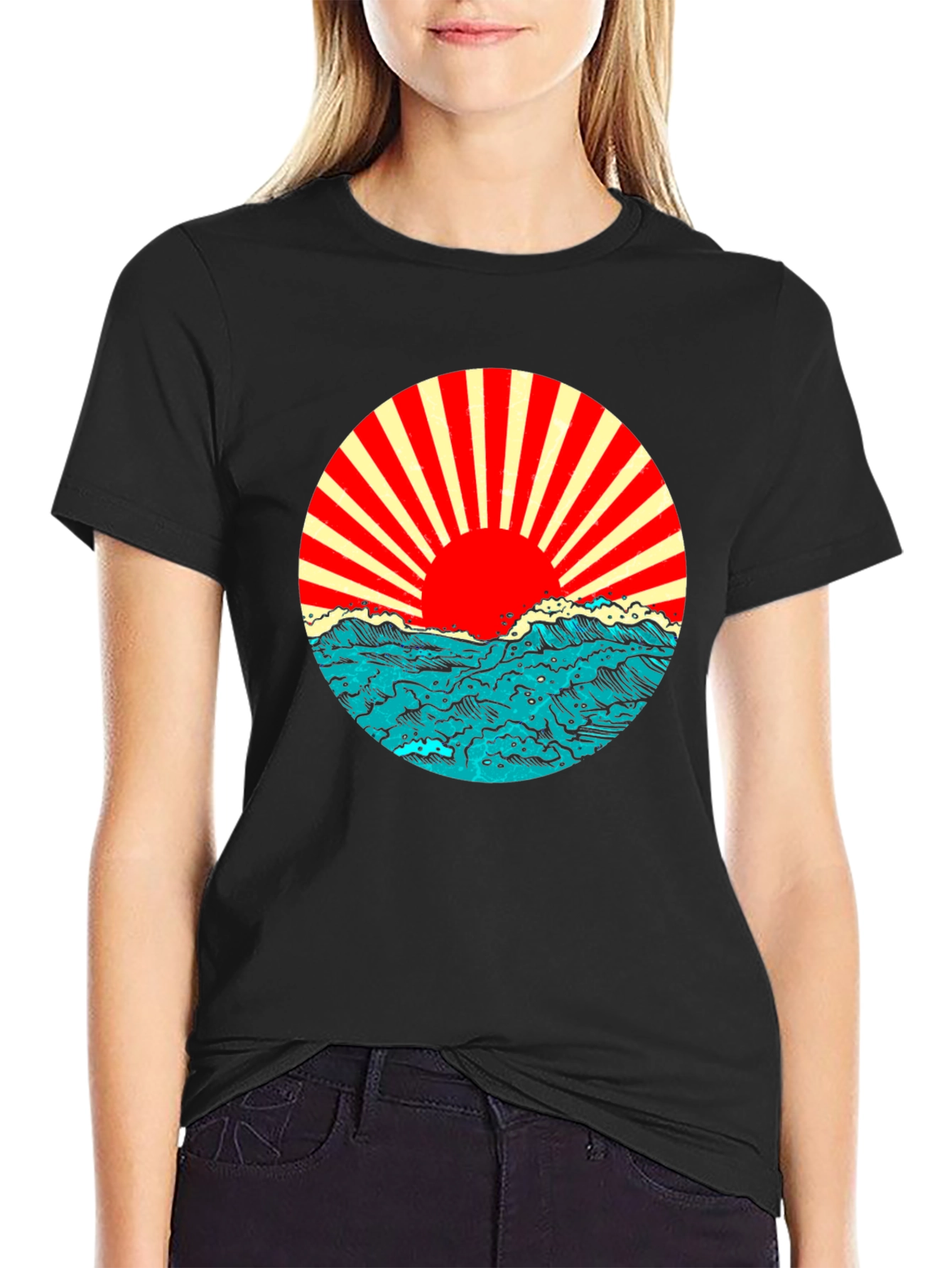 Black Rising Sun Ocean Wave Graphic Tee - Black view 2
