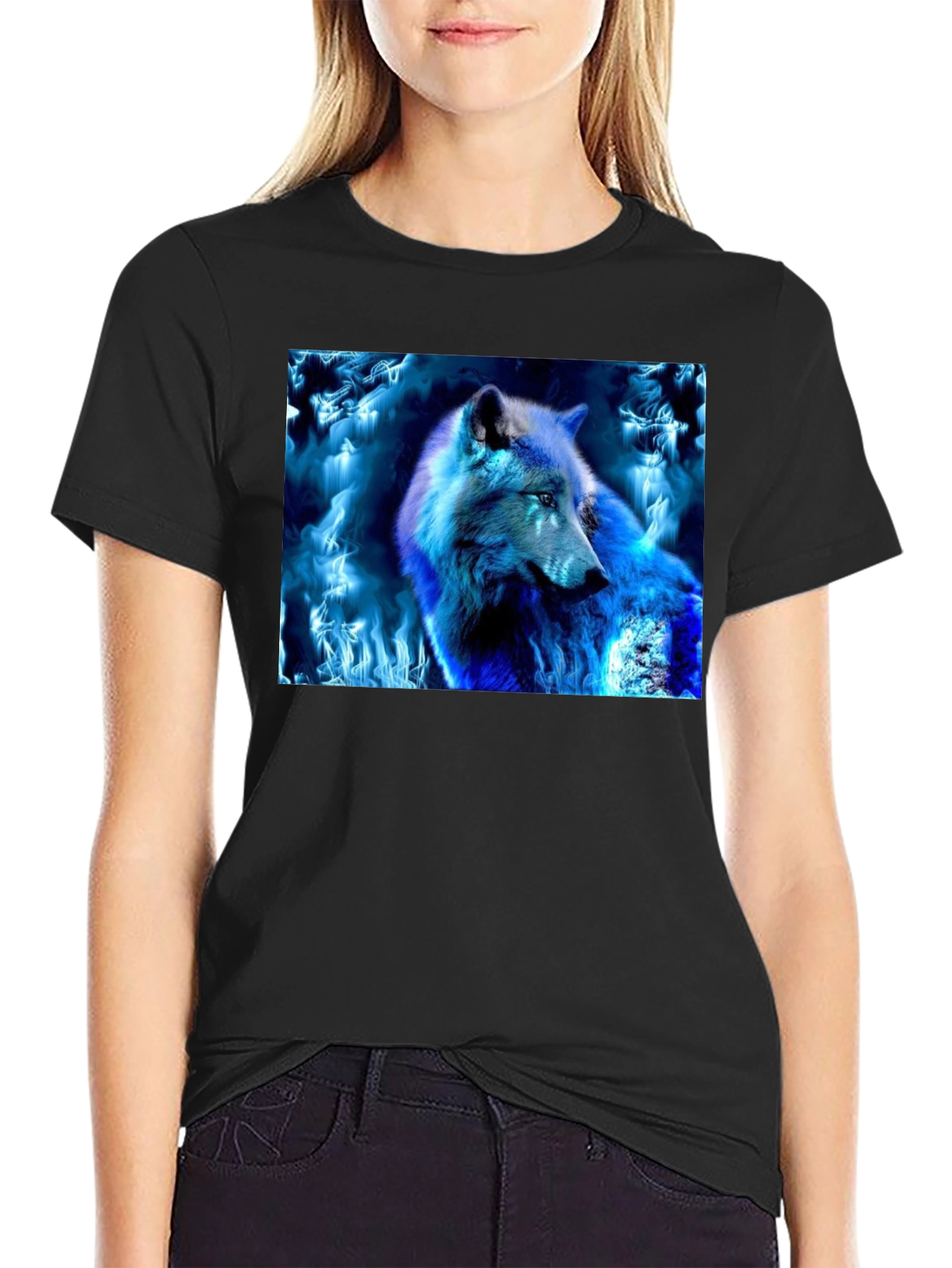 Black Blue Fire Wolf Graphic Tee - Black Cotton Blend view 2