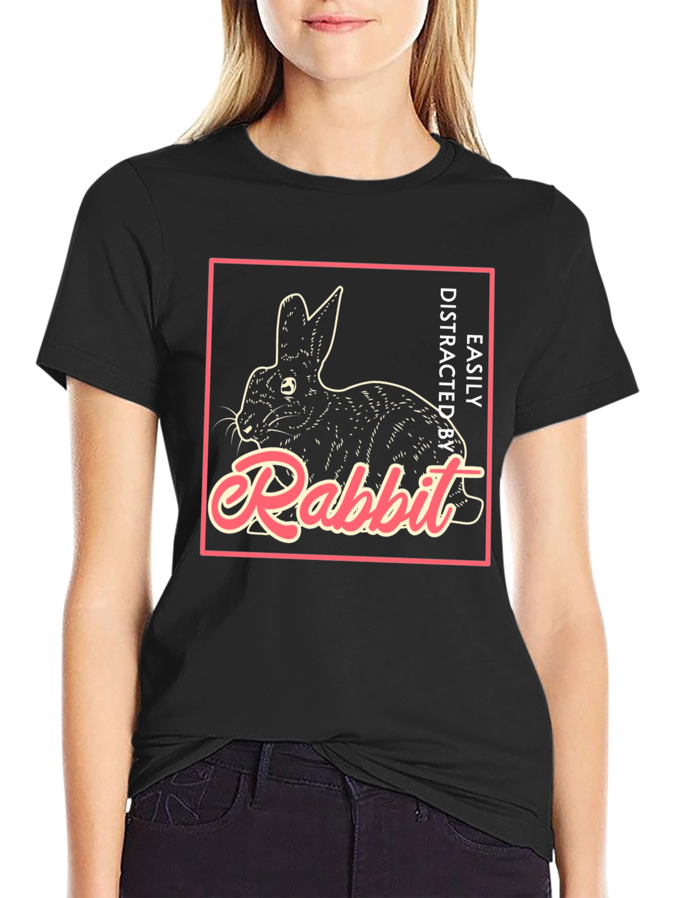 Black Easily Distracted by Rabbit T-Shirt view 2
