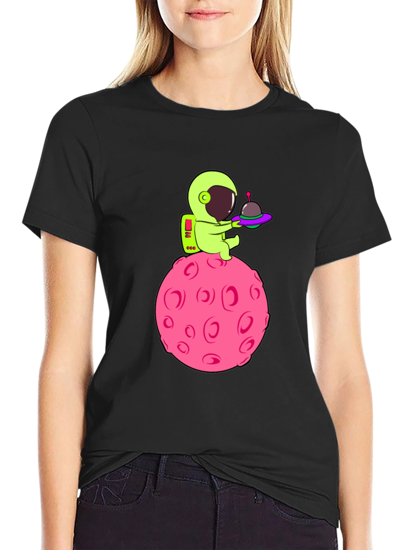 Black Astronaut on Pink Moon Graphic T-Shirt view 2