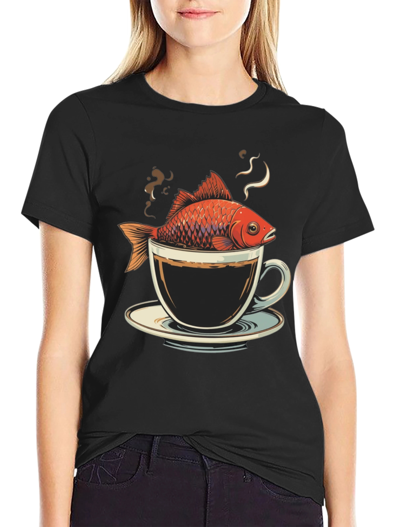 Black Fish in Coffee Cup T-Shirt - Unique Graphic Tee view 2
