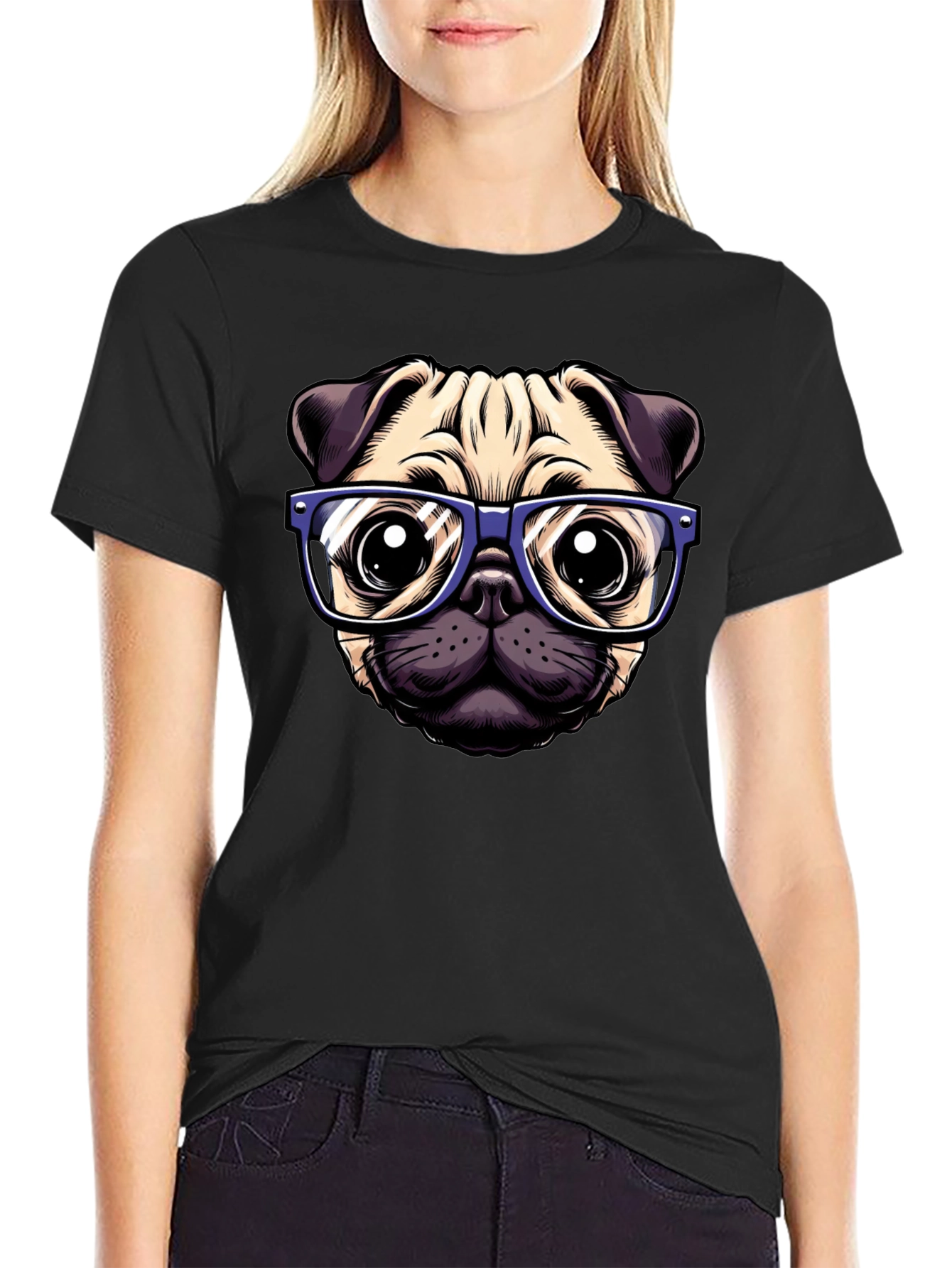Black Pug with Glasses Graphic Tee - Black view 2