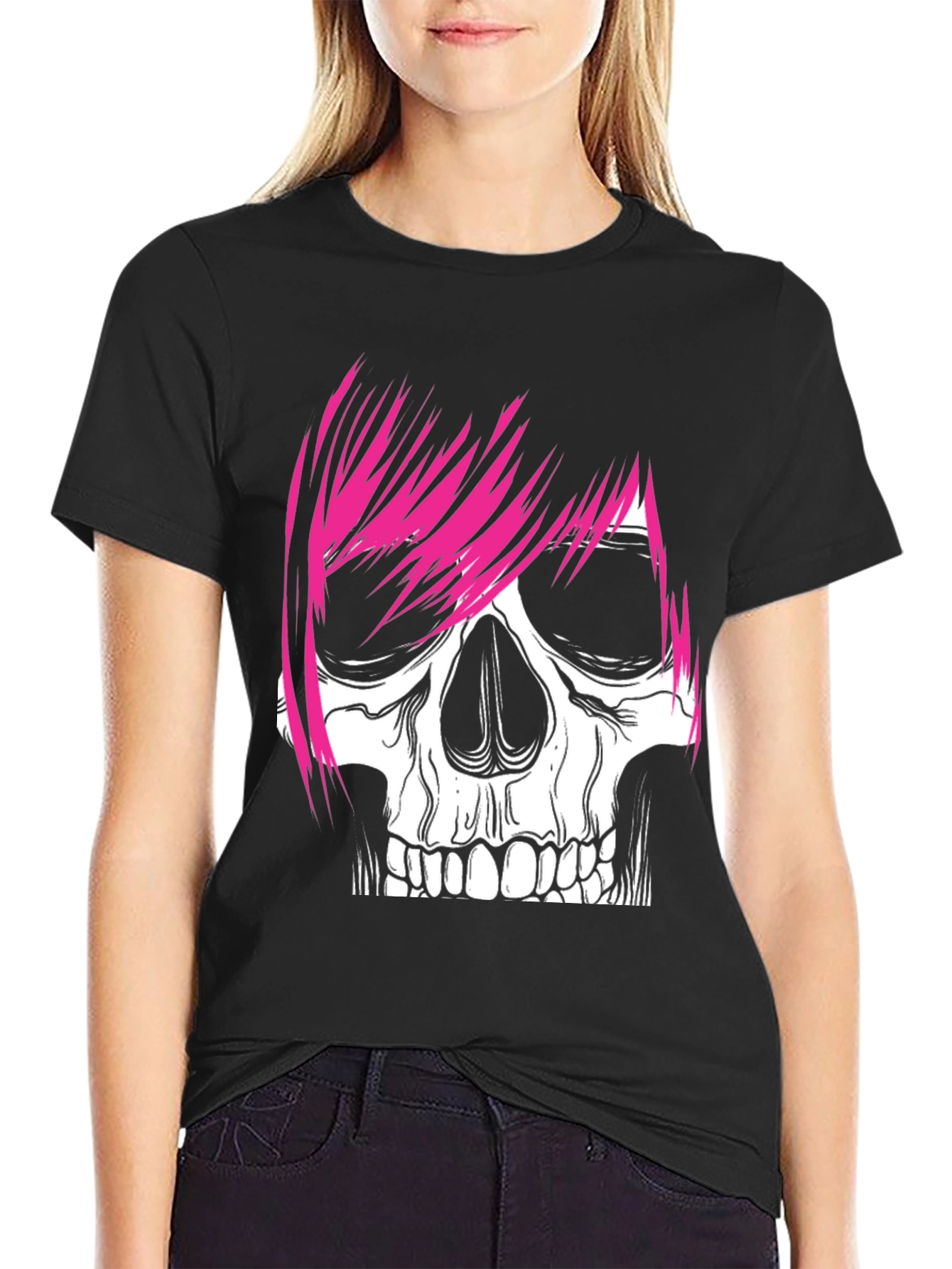 Skull with Pink Hair Graphic Tee - Men's Black T-Shirt - 2