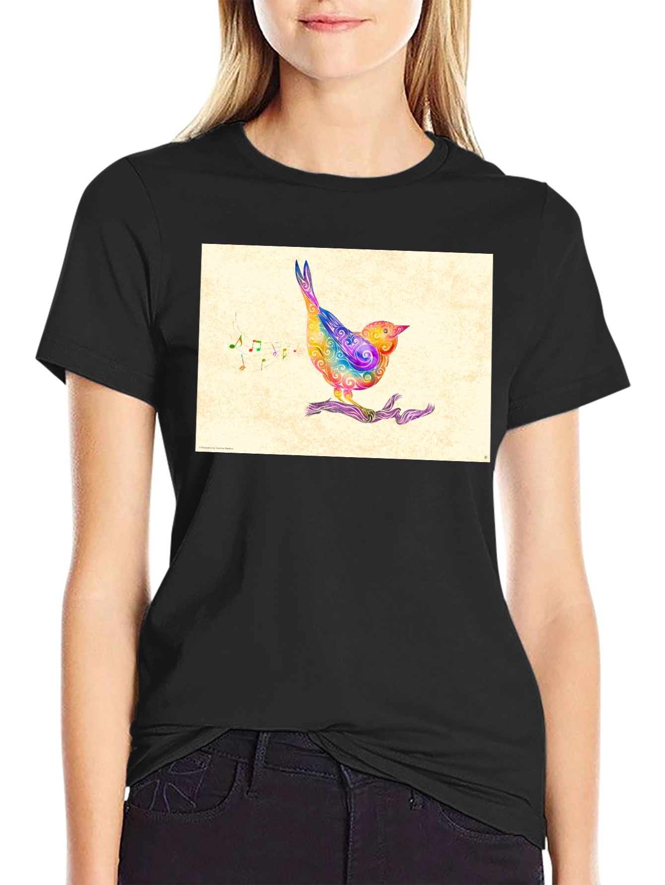Black Rainbow Bird Music Note Graphic Tee view 2