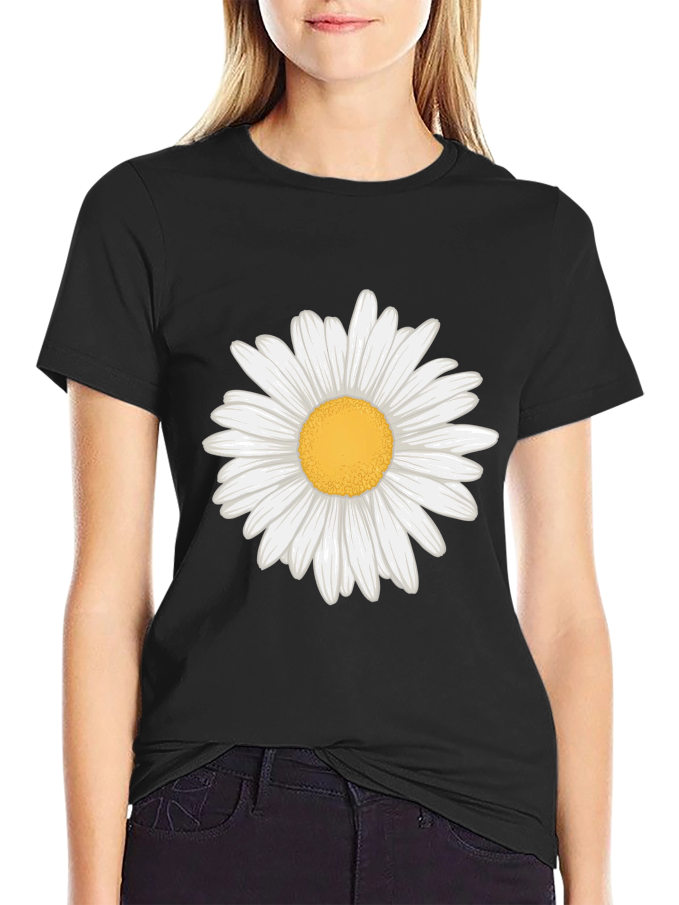 Black Daisy Graphic Tee - Black Cotton Casual view 2