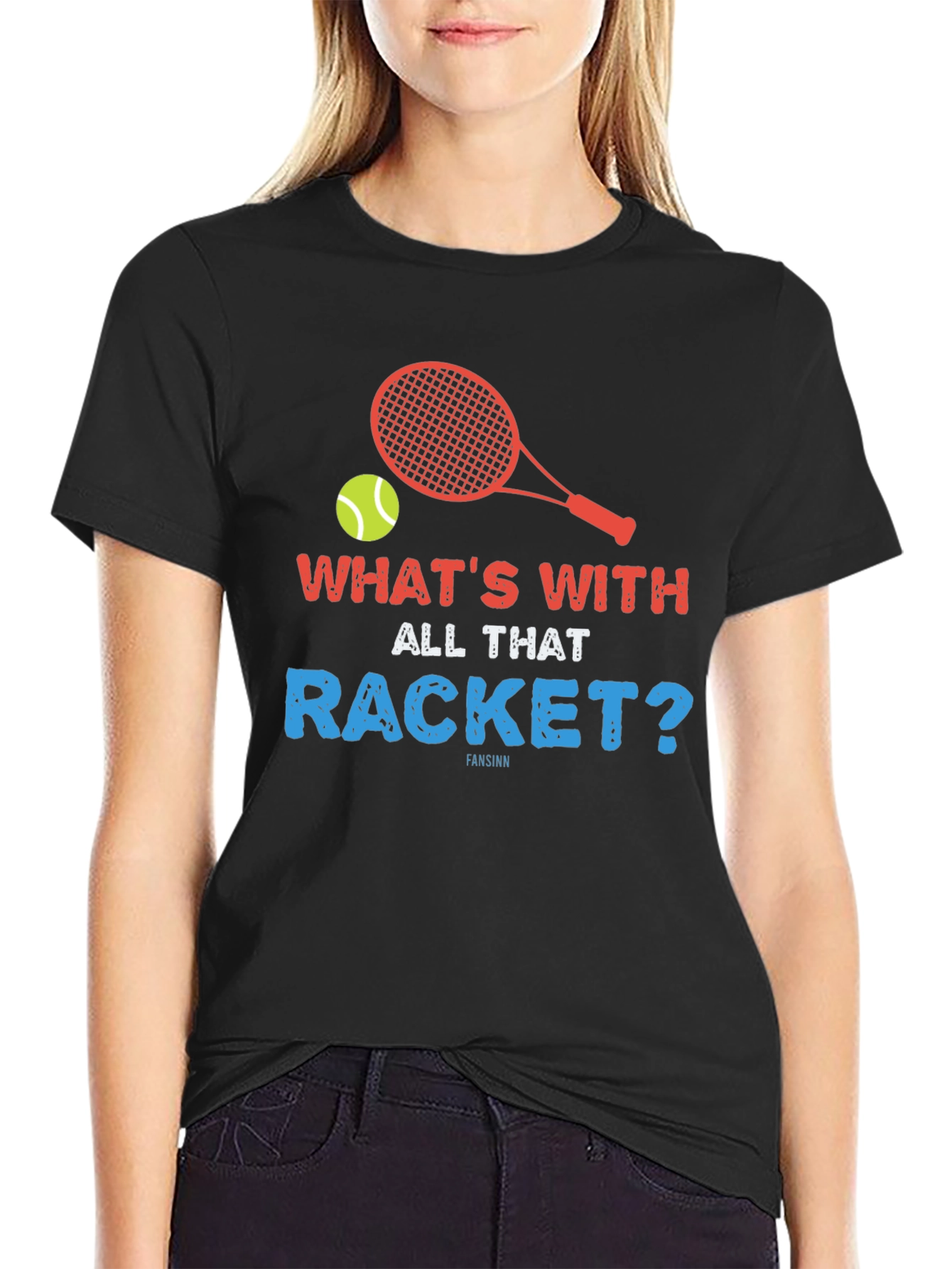 Black Funny Tennis T-Shirt - What's With All That Racket? view 2