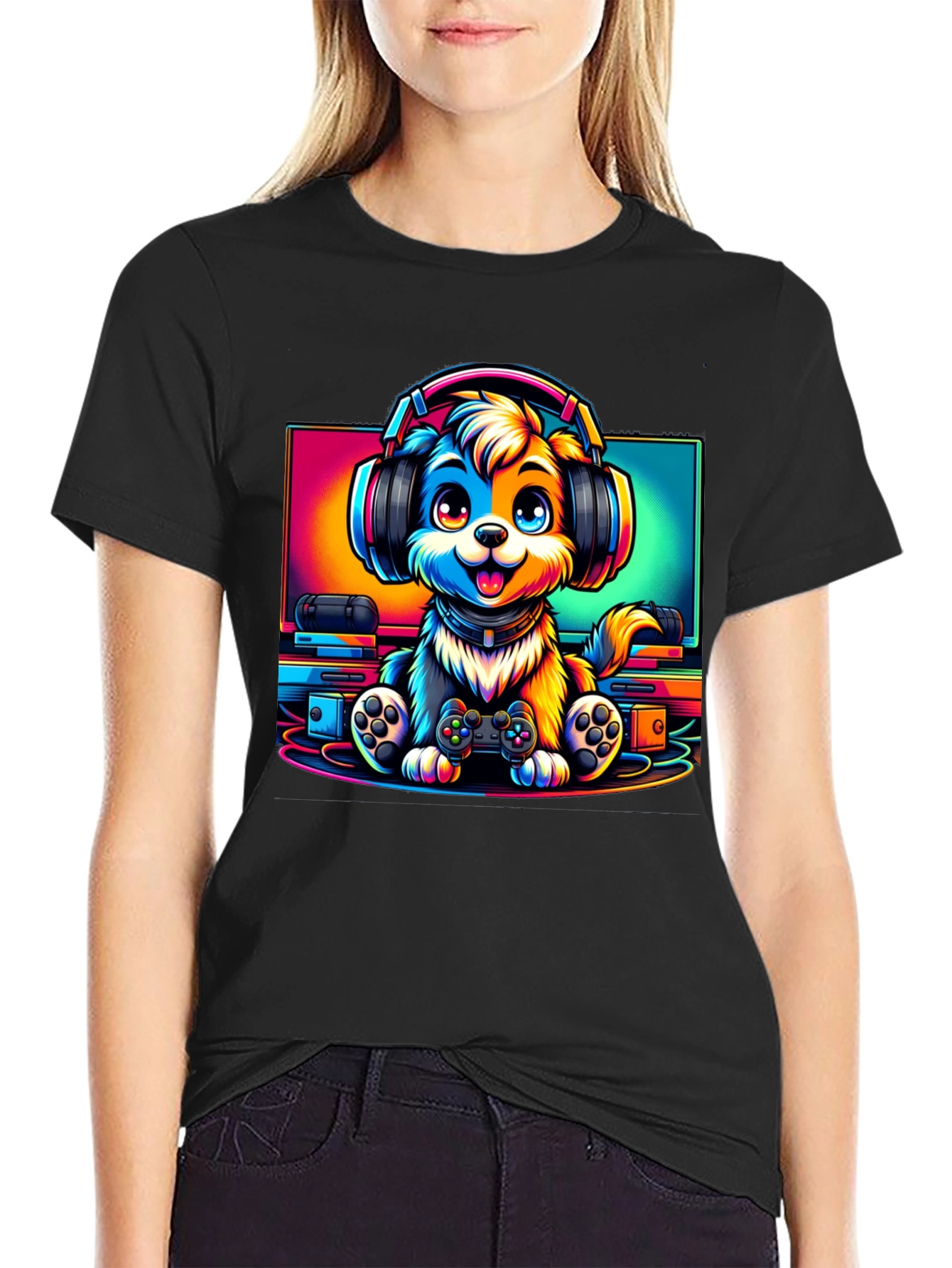 Gamer Dog Graphic T-Shirt - Black Cotton Tee - 2