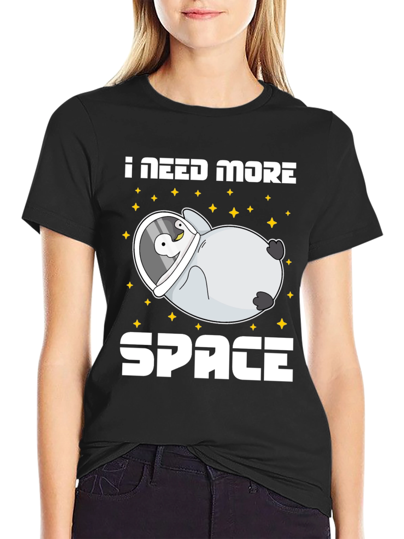 Black I Need More Space Penguin Astronaut T-Shirt view 2