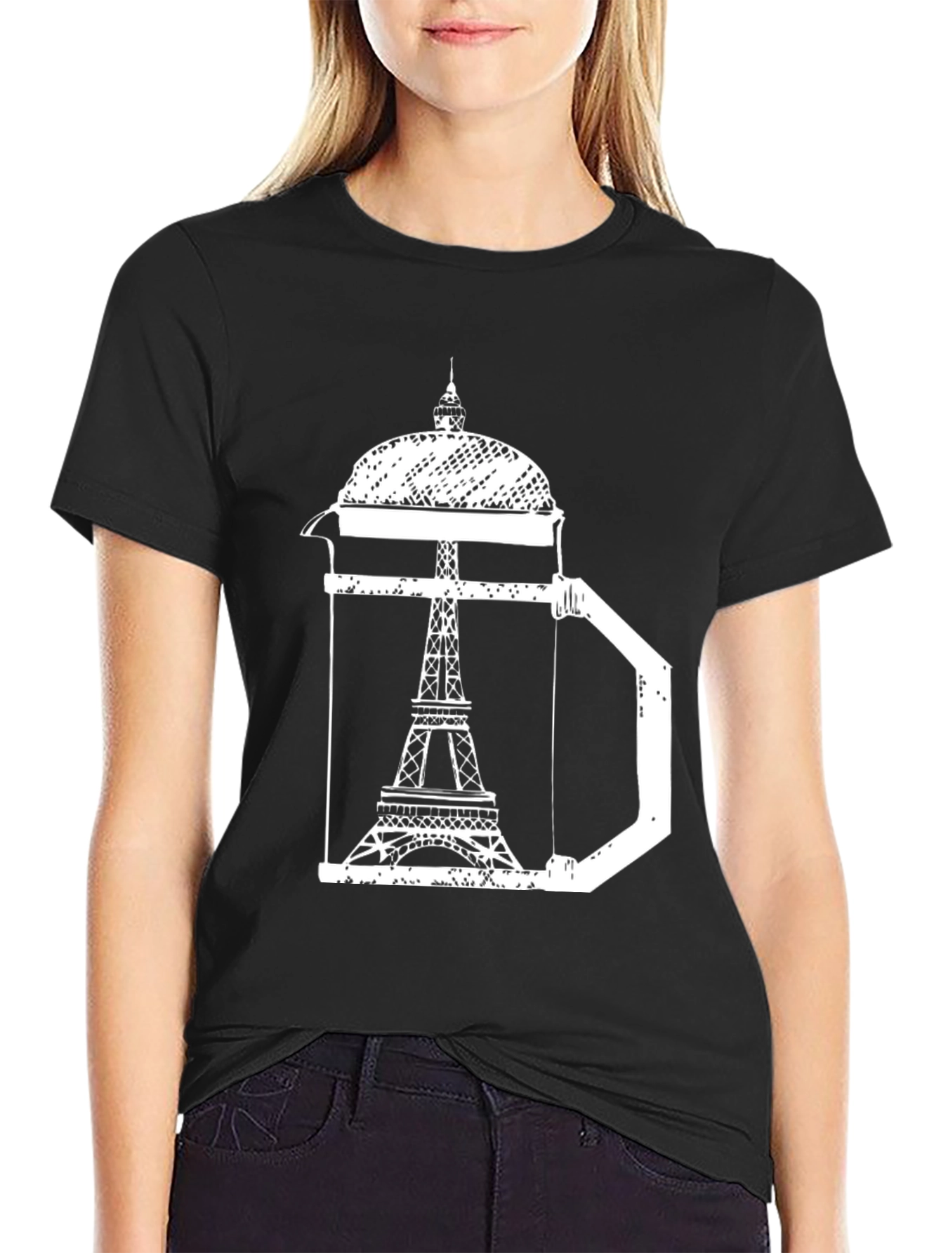 Black Eiffel Tower Coffee Press T-Shirt - Paris Graphic Tee view 2