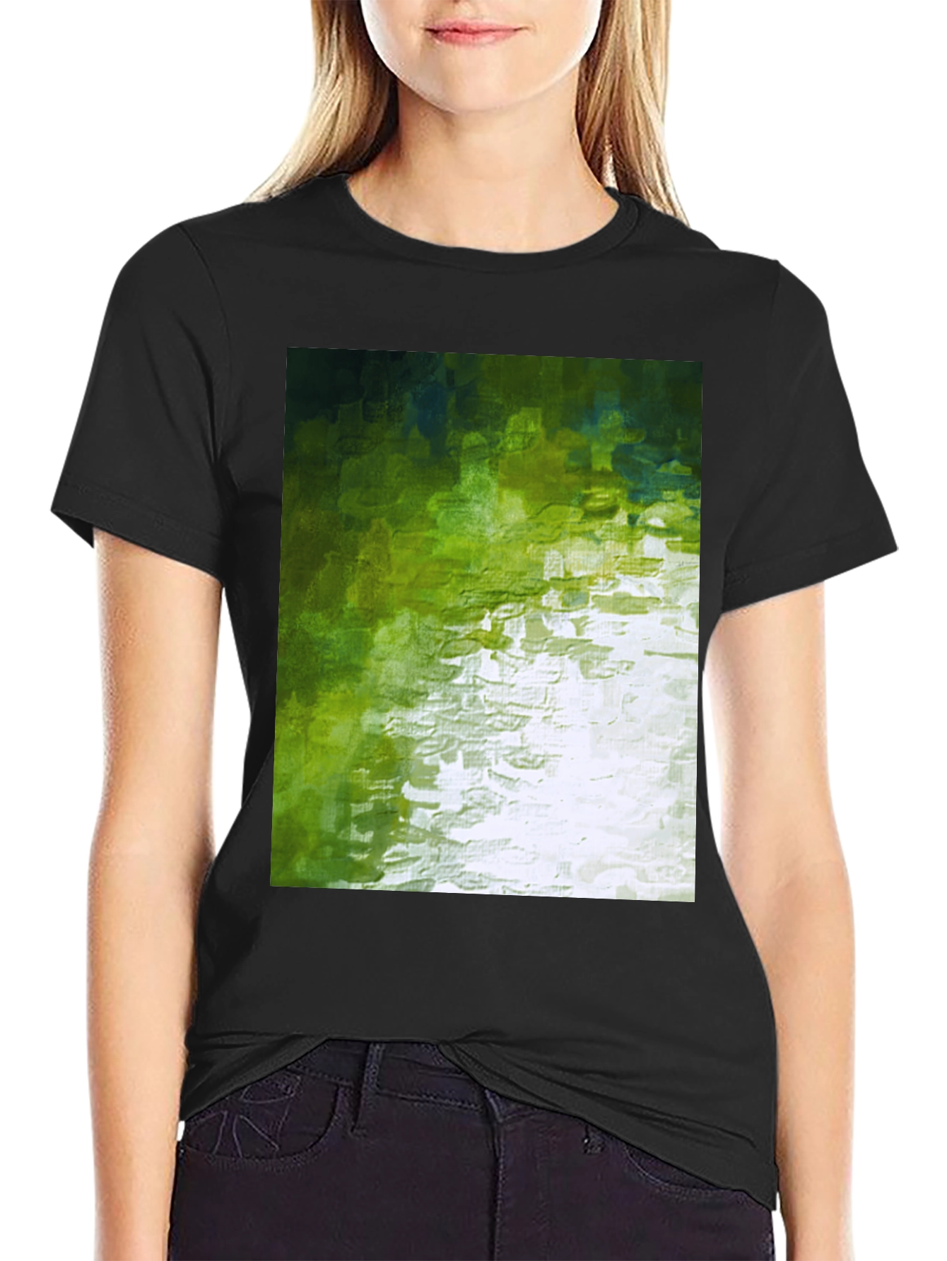 Black Abstract Green Graphic Print Crewneck T-Shirt view 2