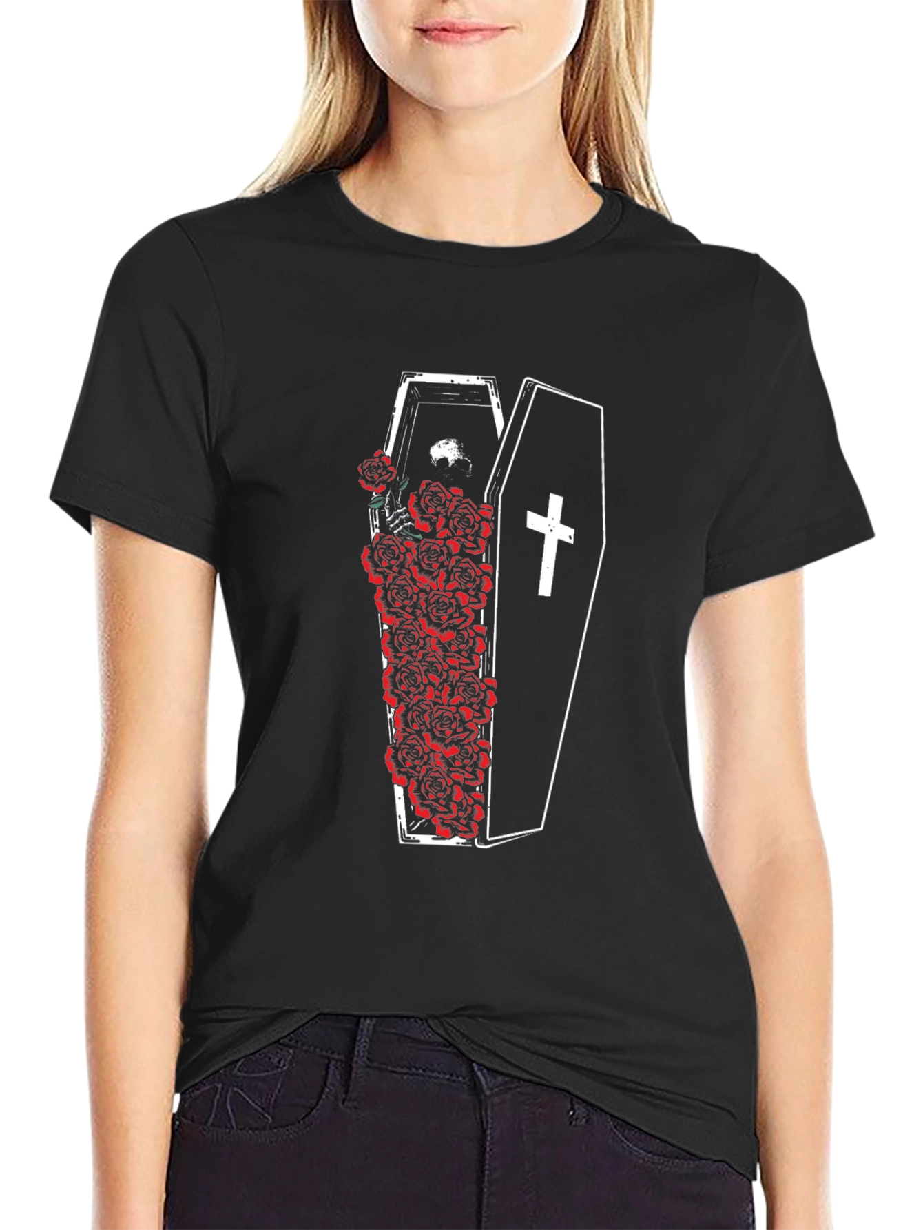 Black Coffin & Roses Graphic Tee - Unisex Black T-Shirt view 2