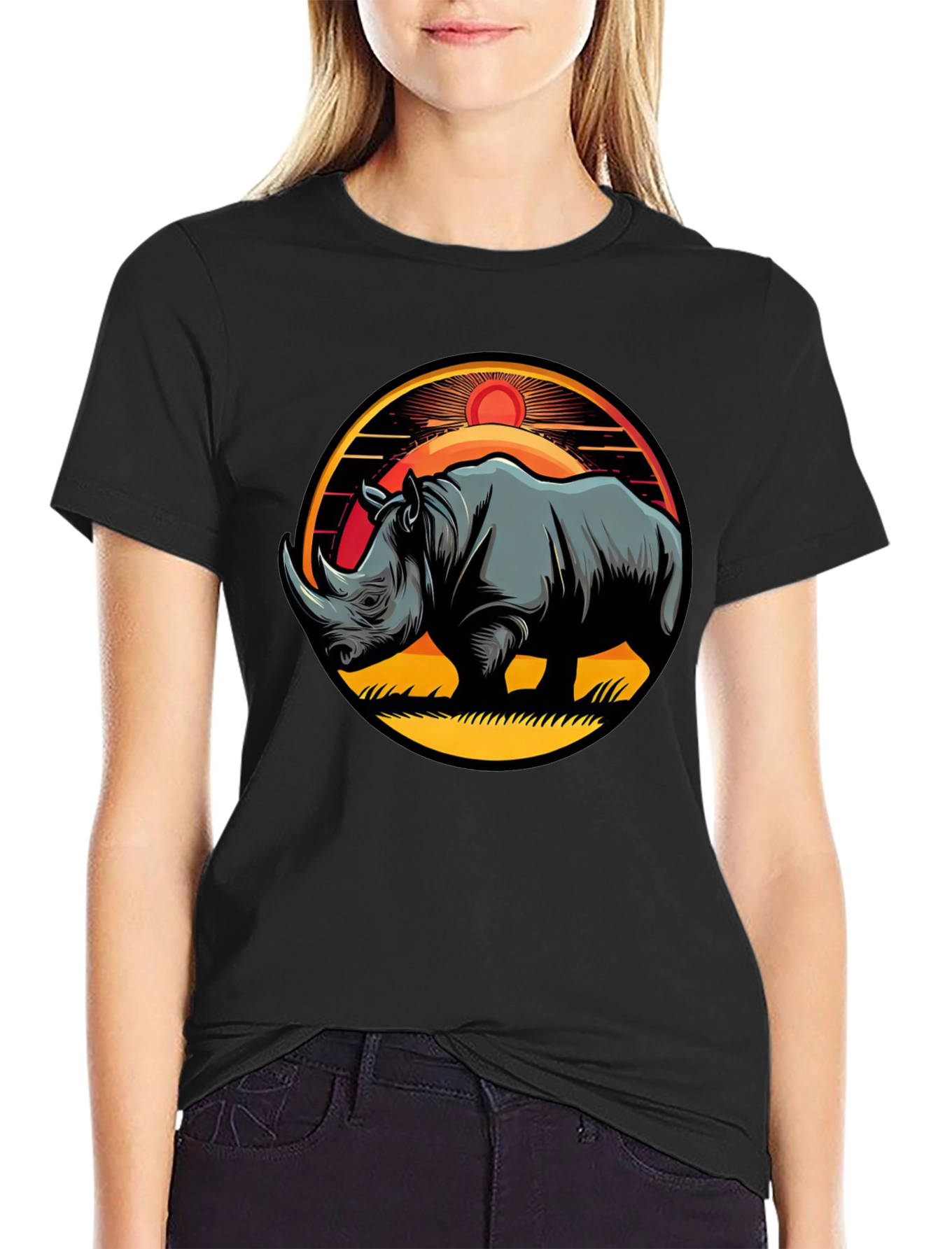 Black Rhino Sunset Graphic Tee - Stylish Men's Black T-Shirt view 2