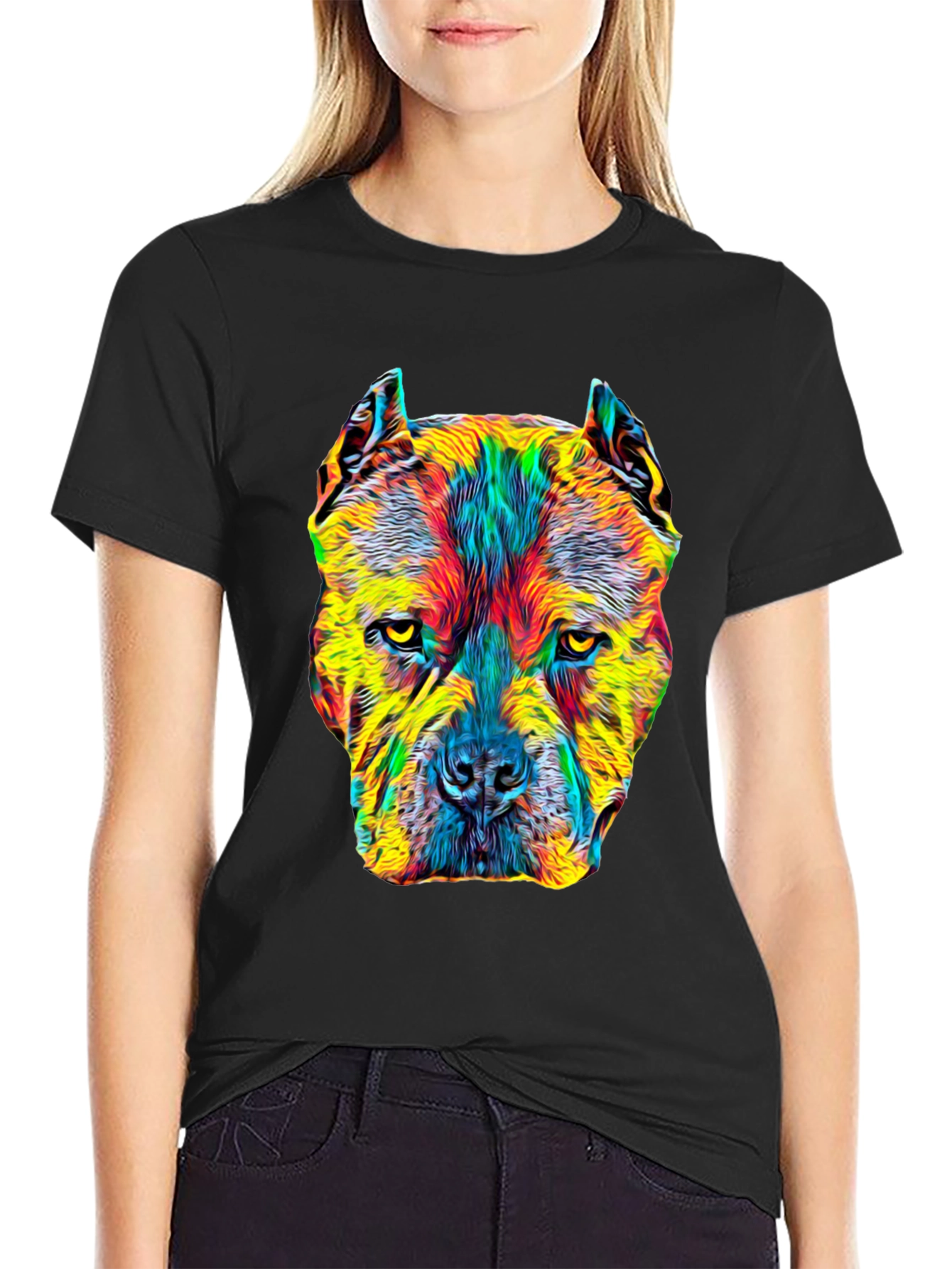 Black Colorful Pitbull Dog Graphic Print Black T-Shirt view 2