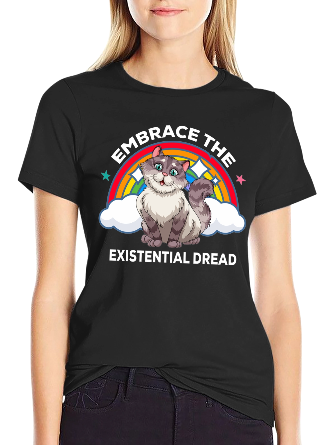Black Embrace Existential Dread Cat T-Shirt view 2