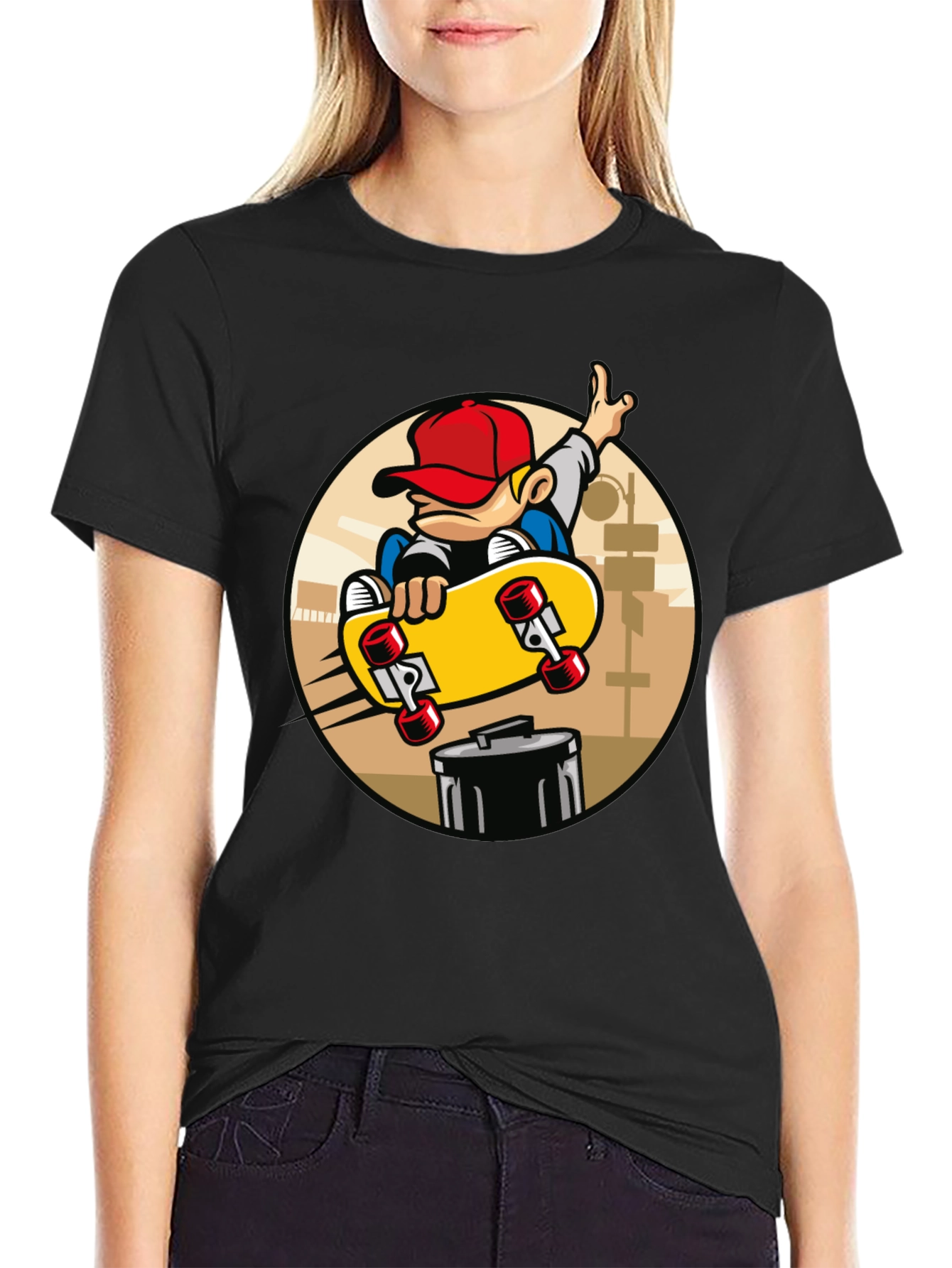 Black Skateboarder Graphic Tee - Black Cotton Blend T-Shirt view 2