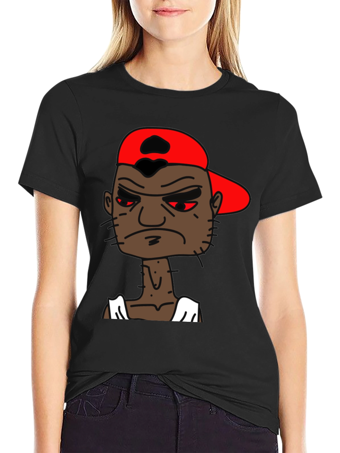 Black Cartoon Character Graphic Tee - Angry Man in Red Hat view 2
