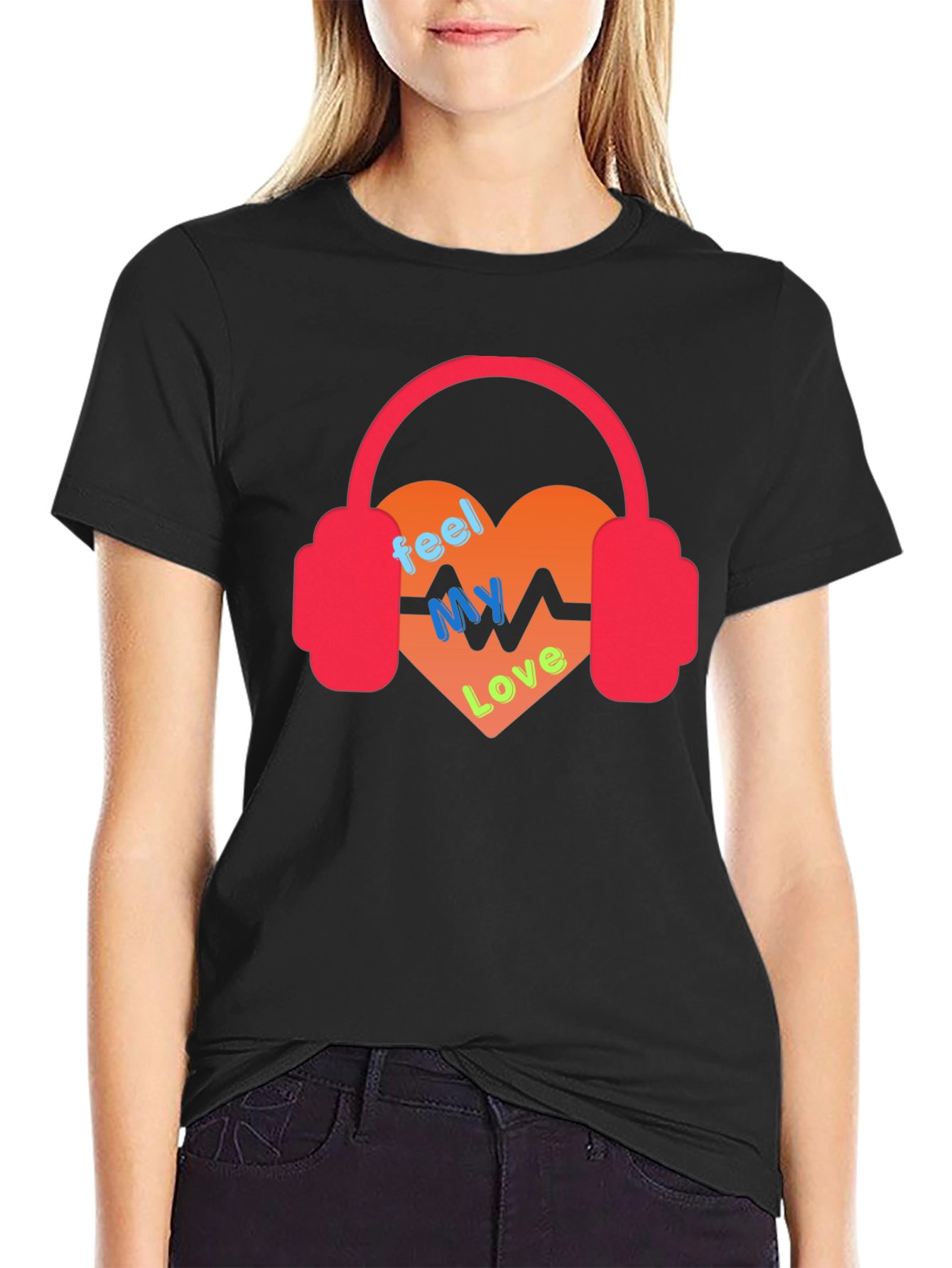 Black Feel My Love Heartbeat Headphones Graphic Tee view 2