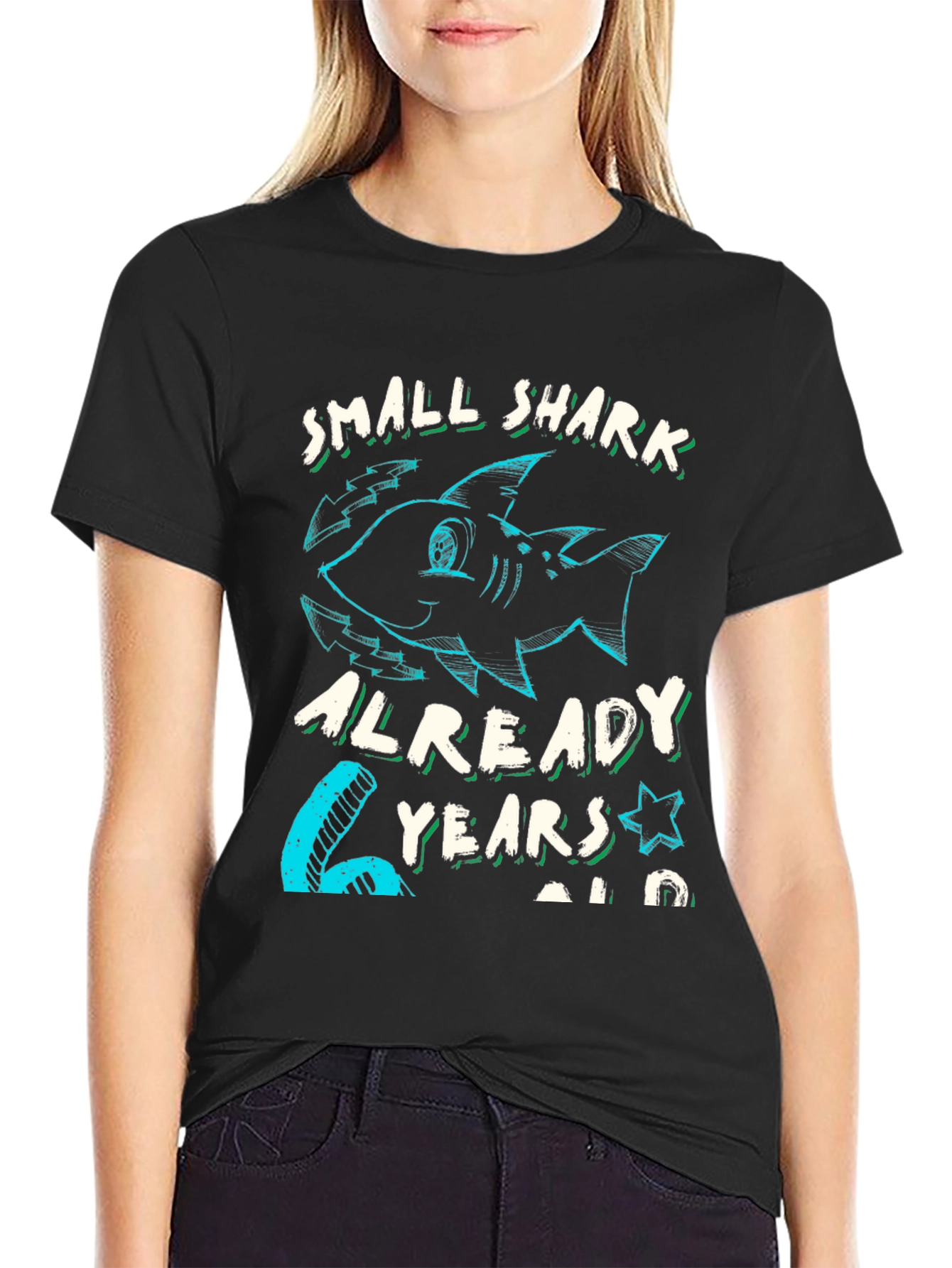 Black Small Shark 6 Years Old Birthday T-Shirt view 2