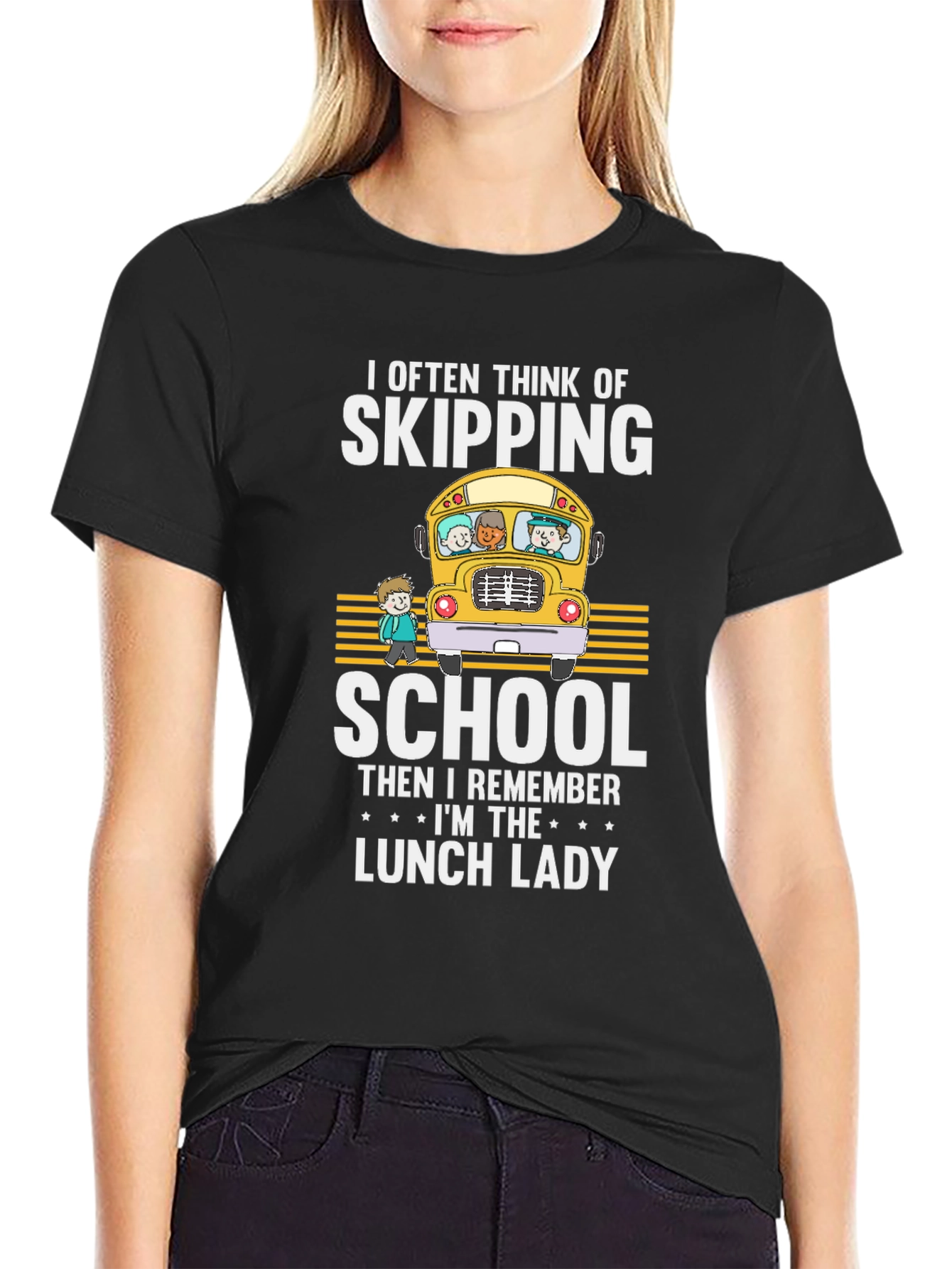 Black Lunch Lady T-Shirt - School Bus Design view 2