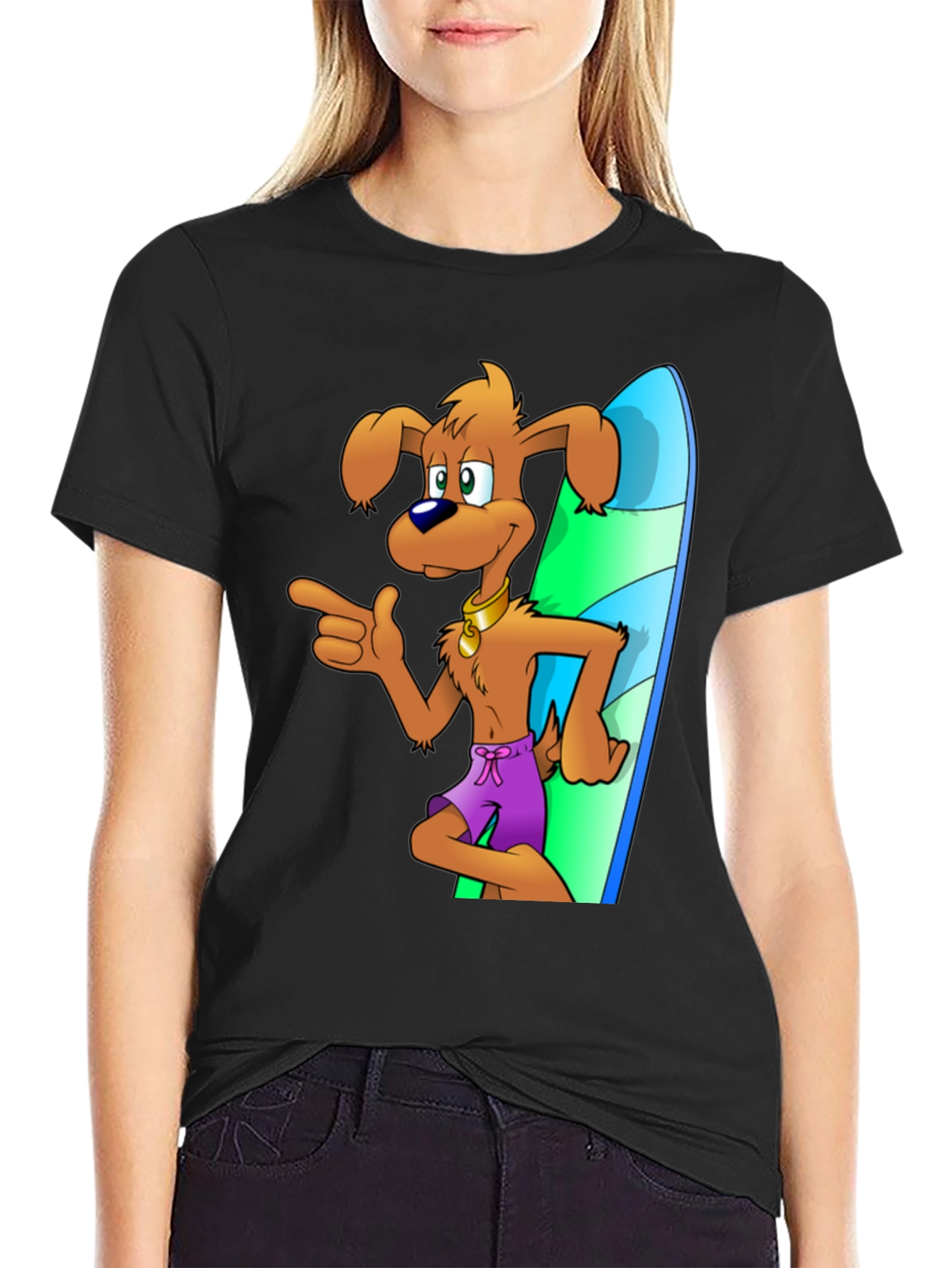 Black Cartoon Dog Surfing T-Shirt view 2
