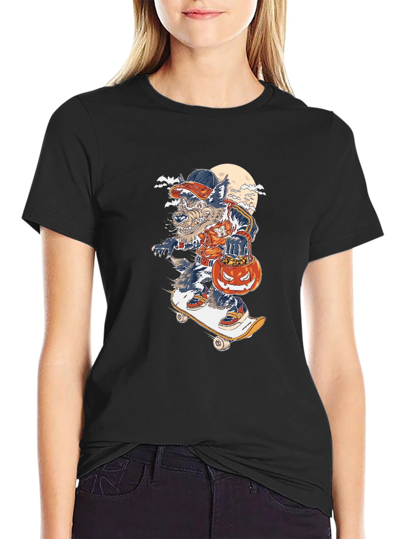 Black Werewolf Skateboard Halloween T-Shirt view 2