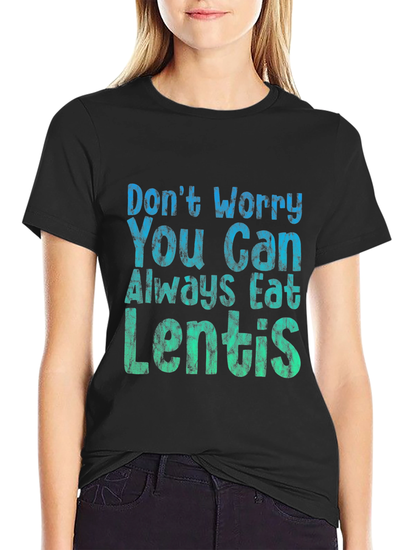 Black Don't Worry Eat Lentils T-Shirt - Funny Vegan Tee view 2
