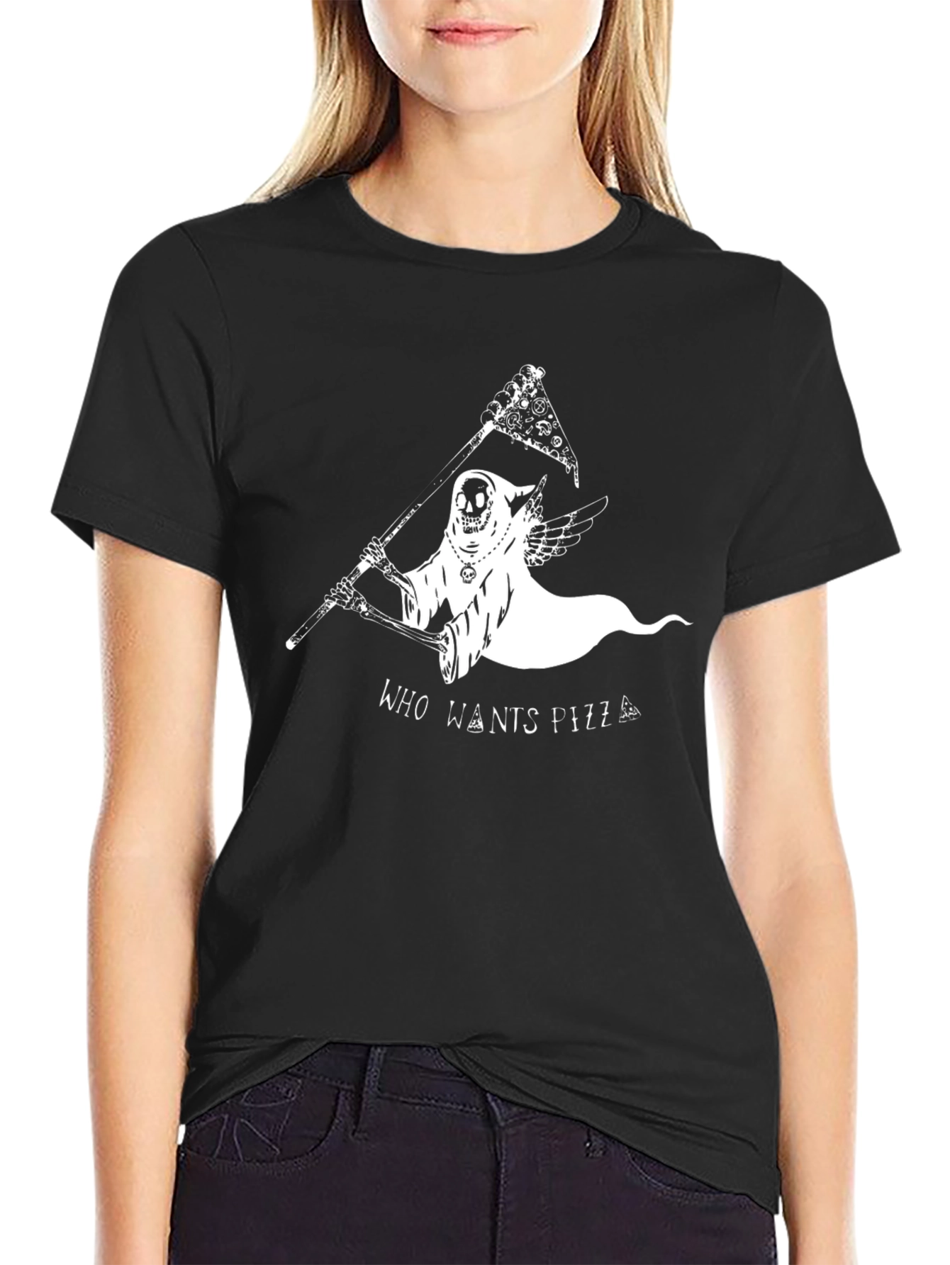 Black Grim Reaper Pizza Flag Graphic T-Shirt view 2