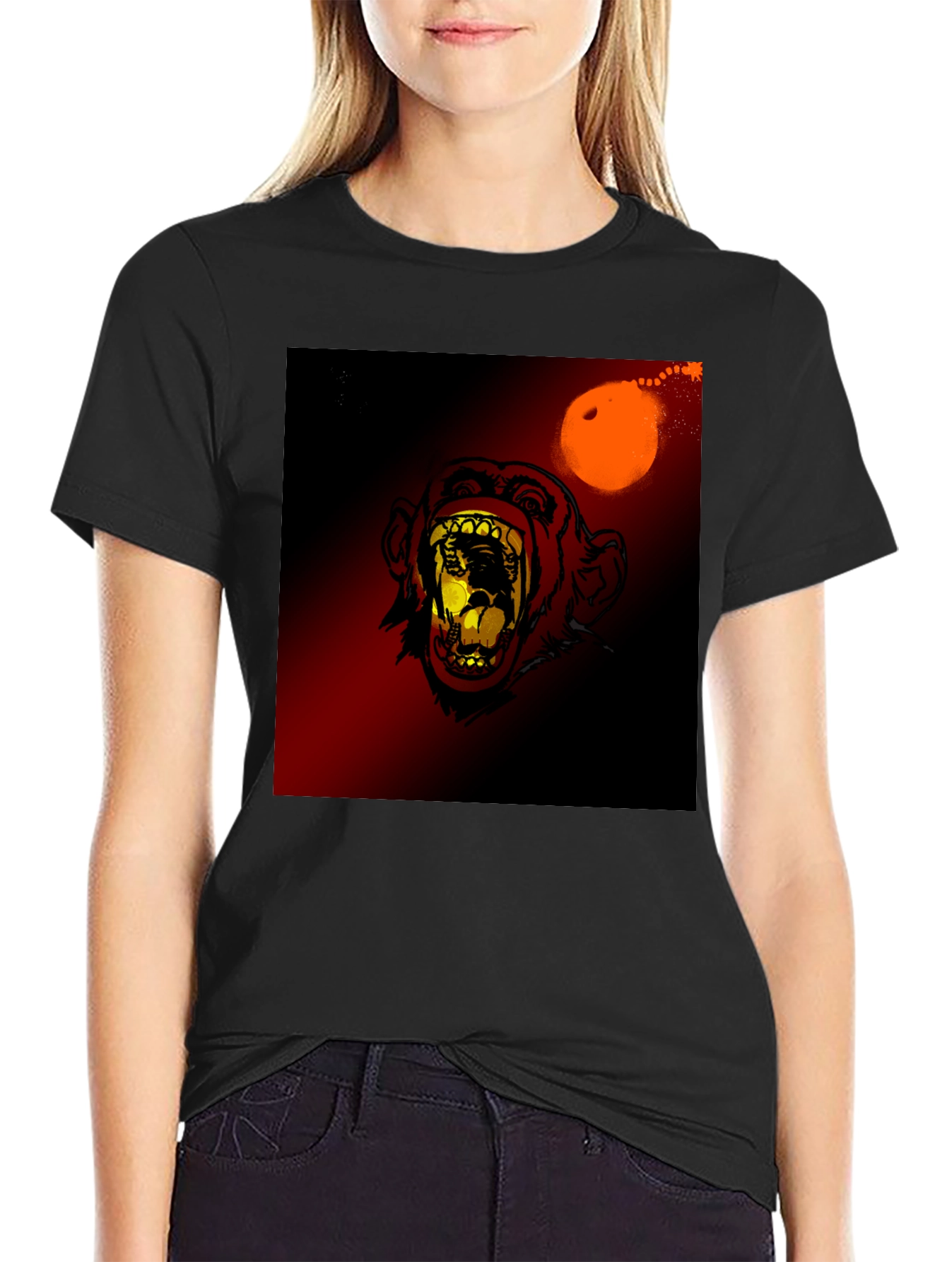 Black Monkey Face Graphic Print T-Shirt view 2