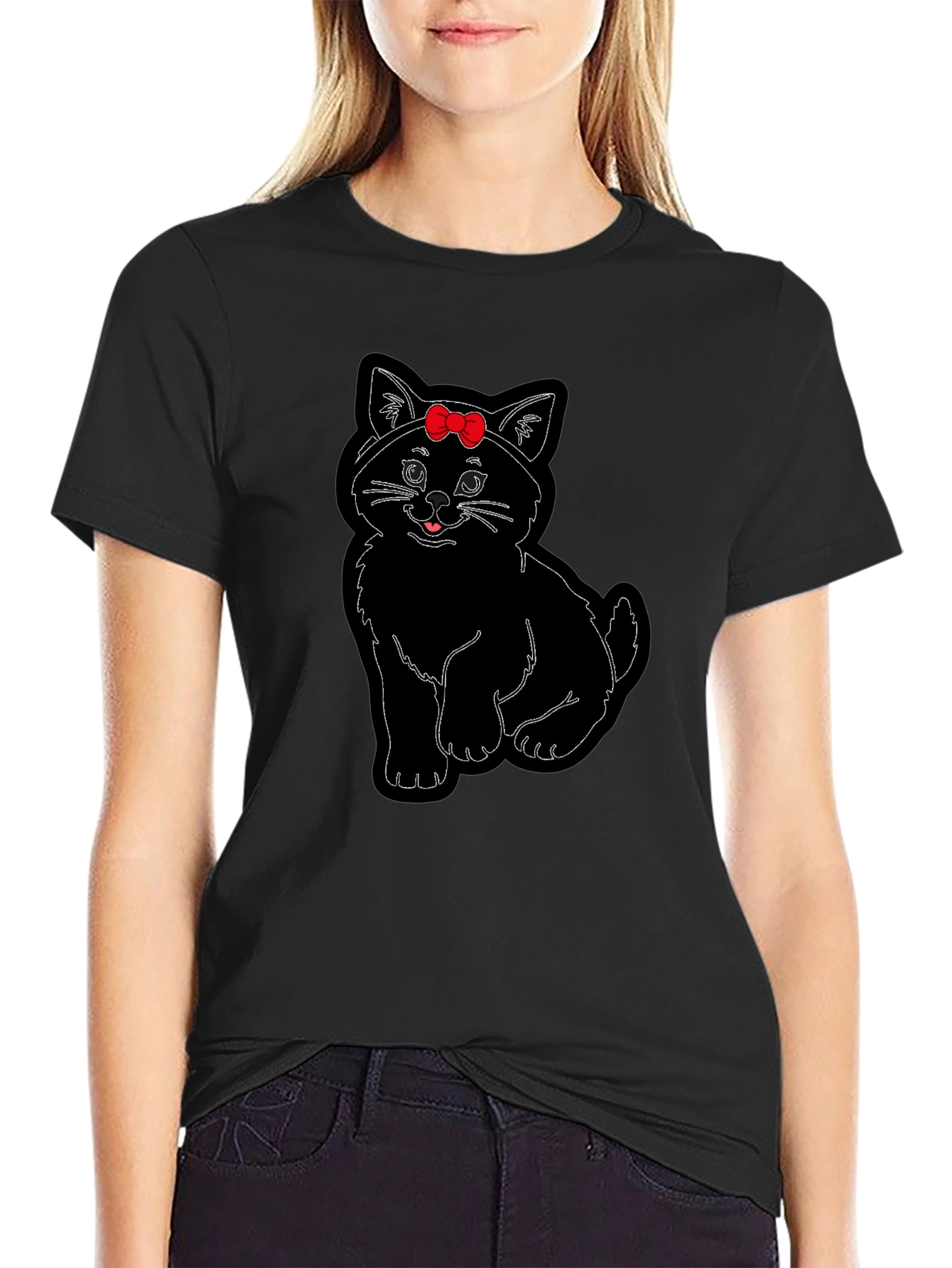 Black Cute Cat T-Shirt with Bow view 2