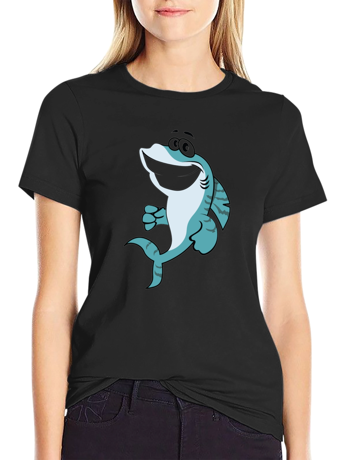 Black Cartoon Shark Graphic T-Shirt - Black view 2