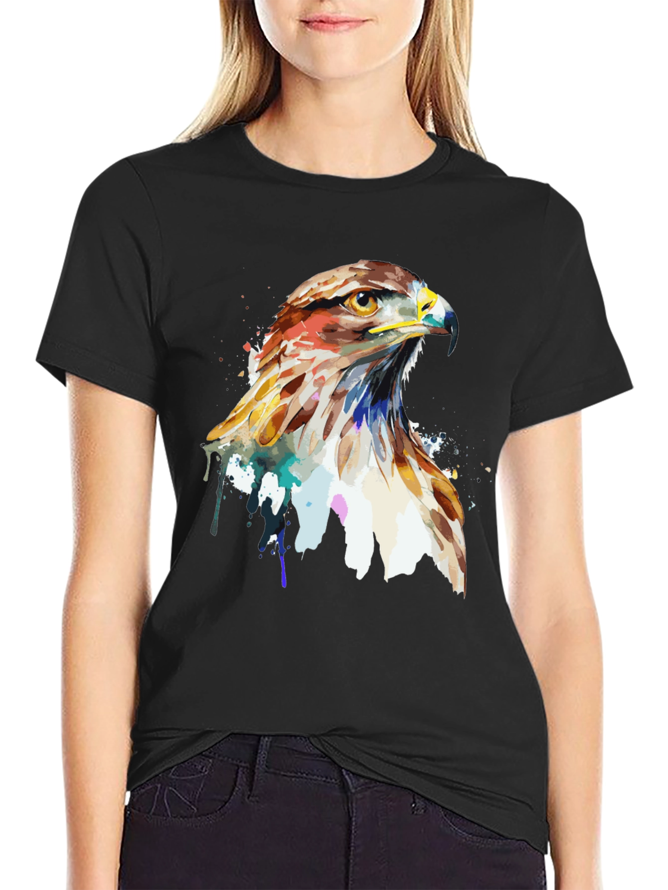Black Watercolor Hawk Graphic Tee - Men's Black T-Shirt view 2