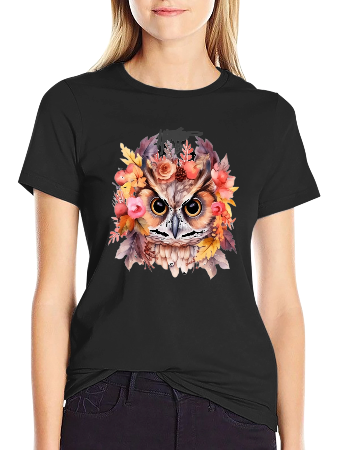 Black Floral Owl Graphic Print Black T-Shirt view 2