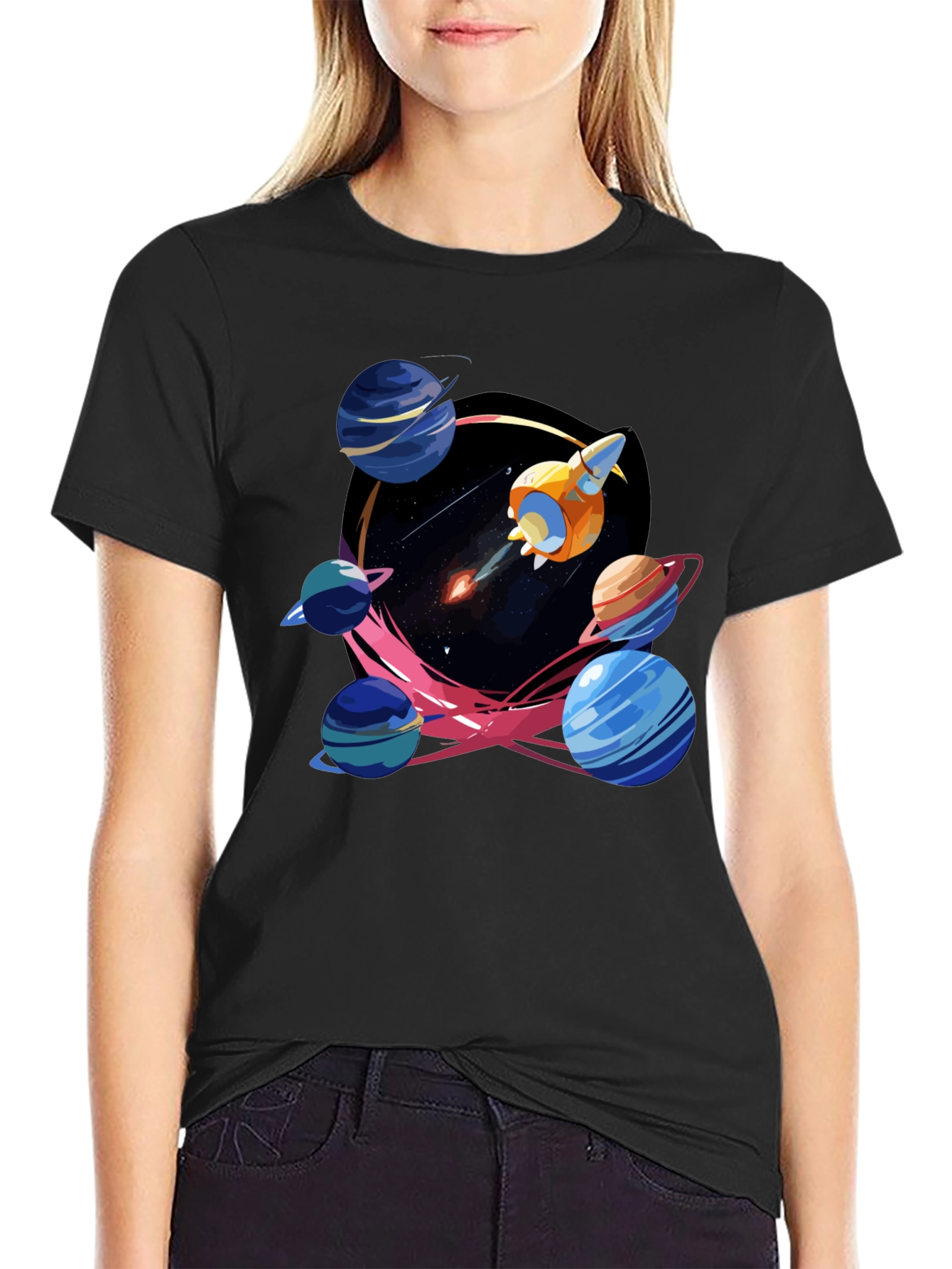 Black Space Adventure T-Shirt: Rocket and Planets view 2