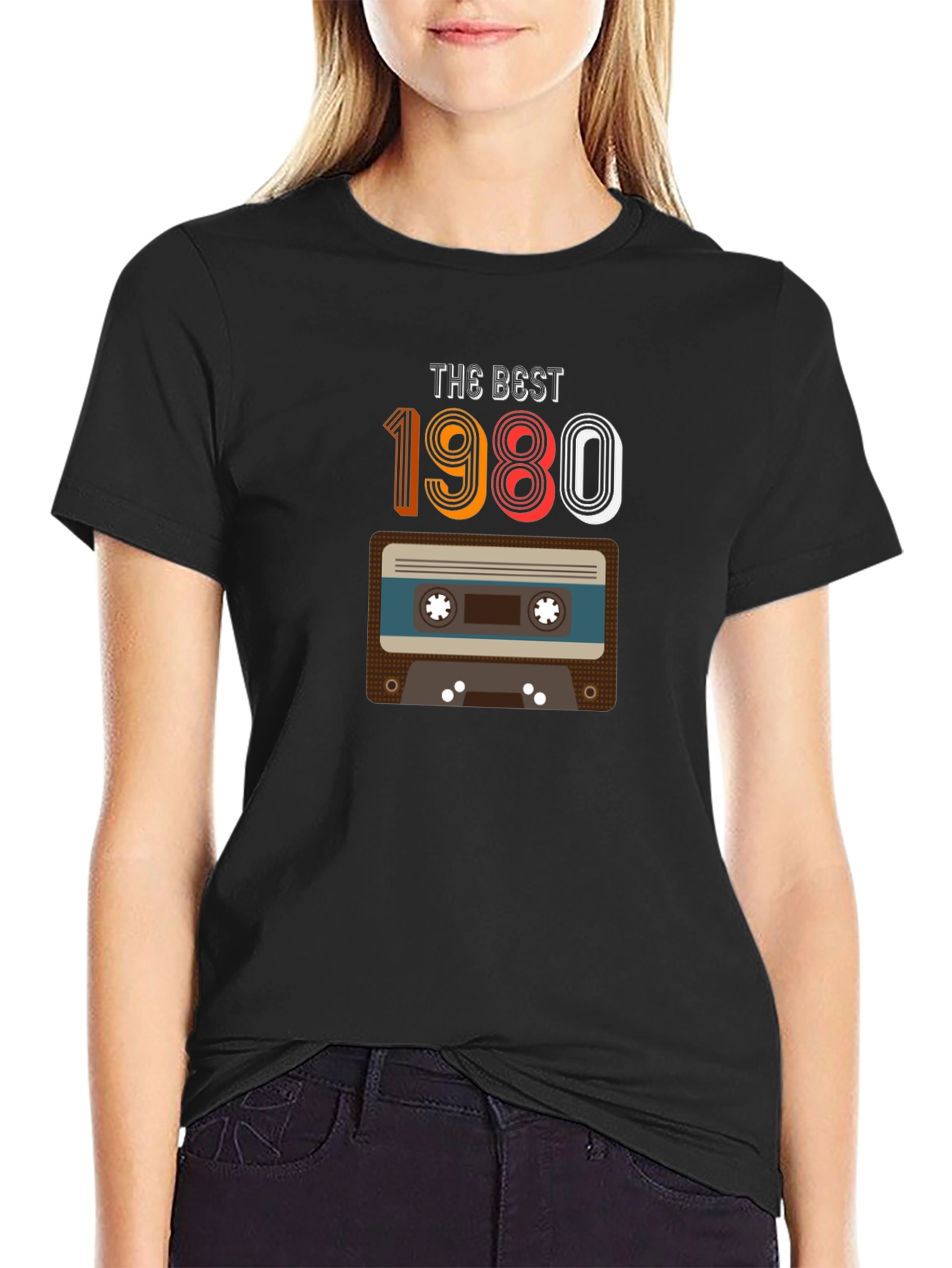 Black Retro 1980 Cassette Tape Graphic T-Shirt view 2