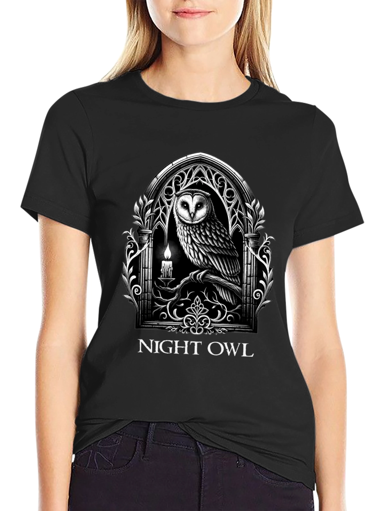 Black Night Owl Gothic Graphic T-Shirt view 2