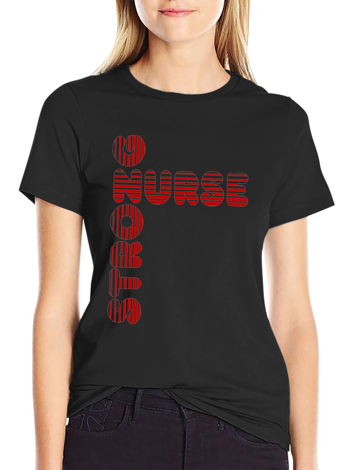 Black Nurse Strong T-Shirt - Red Stripe Design view 2