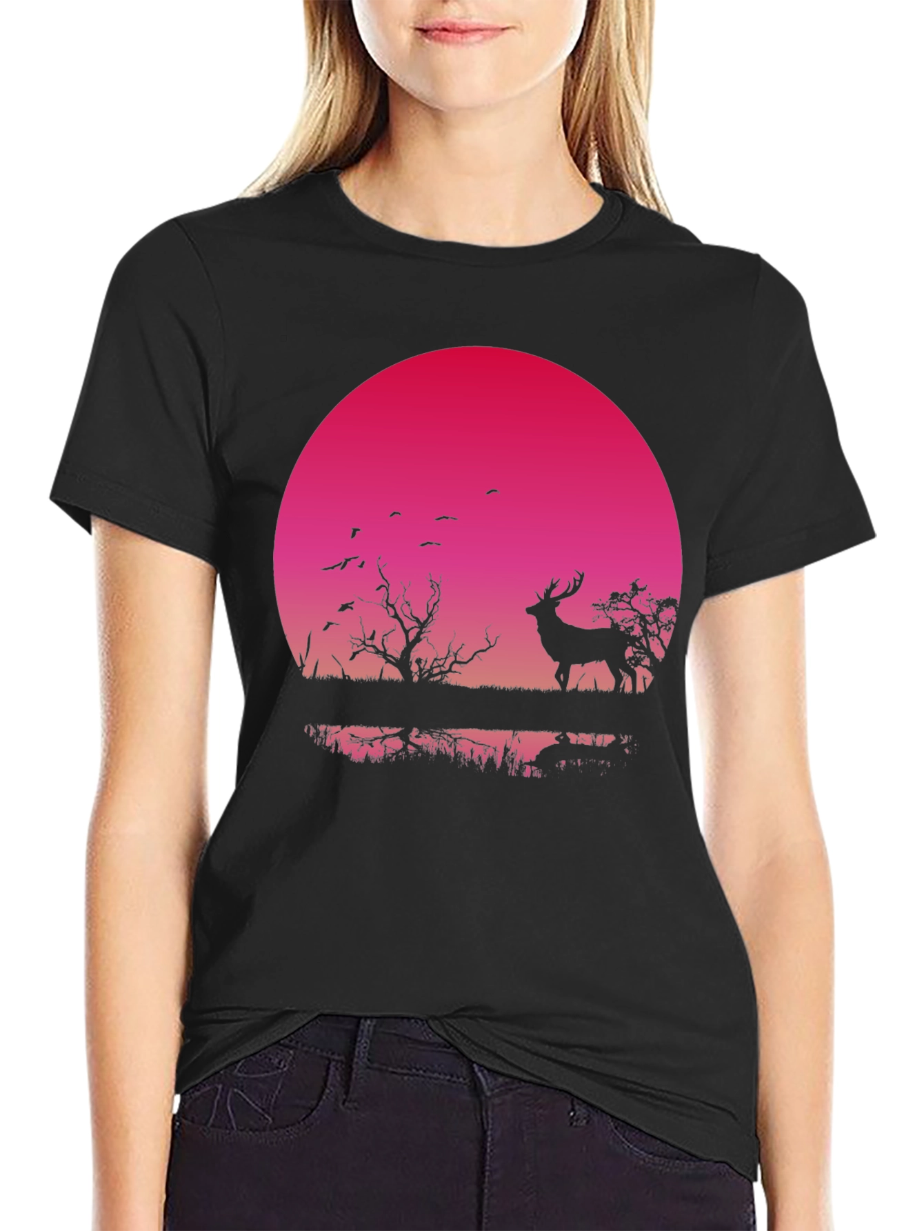 Black Deer Silhouette T-Shirt - Sunset Design view 2