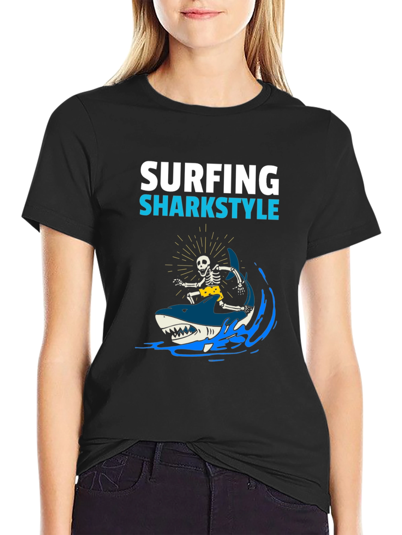 Black Surfing Sharkstyle Skeleton Graphic T-Shirt view 2