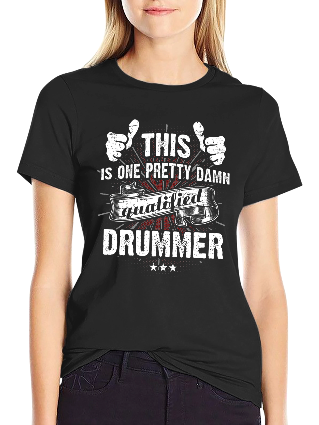 Black Funny Drummer T-Shirt - This One Pretty Damn Qualified view 2
