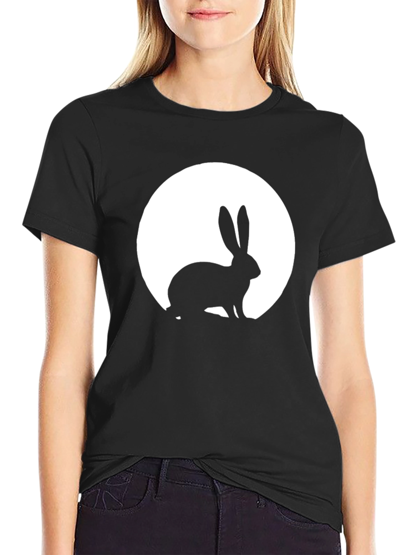 Black Rabbit Moon Graphic Tee - Black Cotton T-Shirt view 2