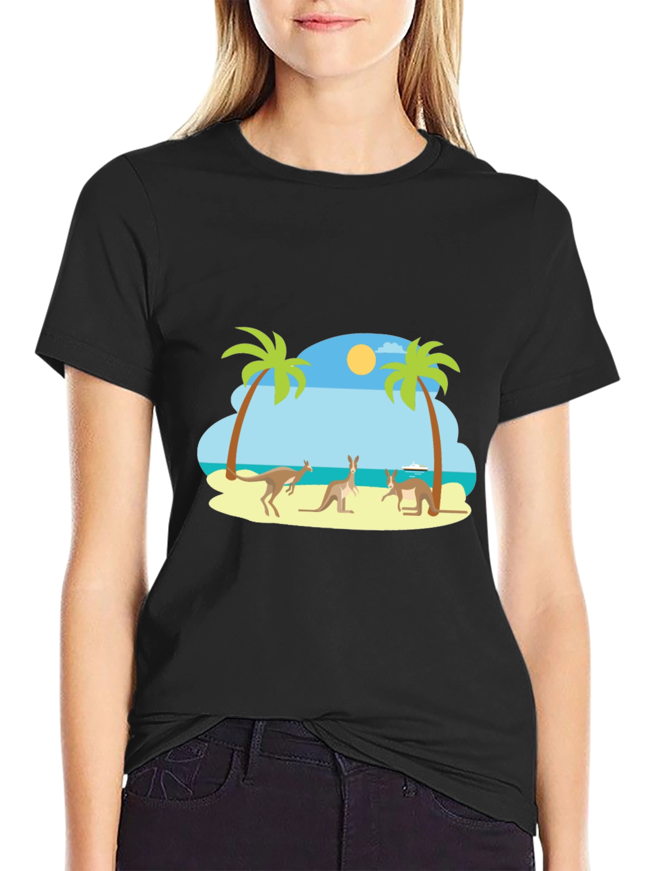 Black Kangaroo Beach Graphic Tee - Black Cotton T-Shirt view 2