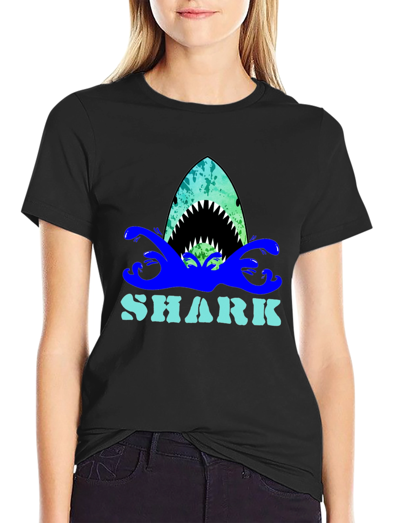 Black Shark Graphic Print Crew Neck T-Shirt view 2