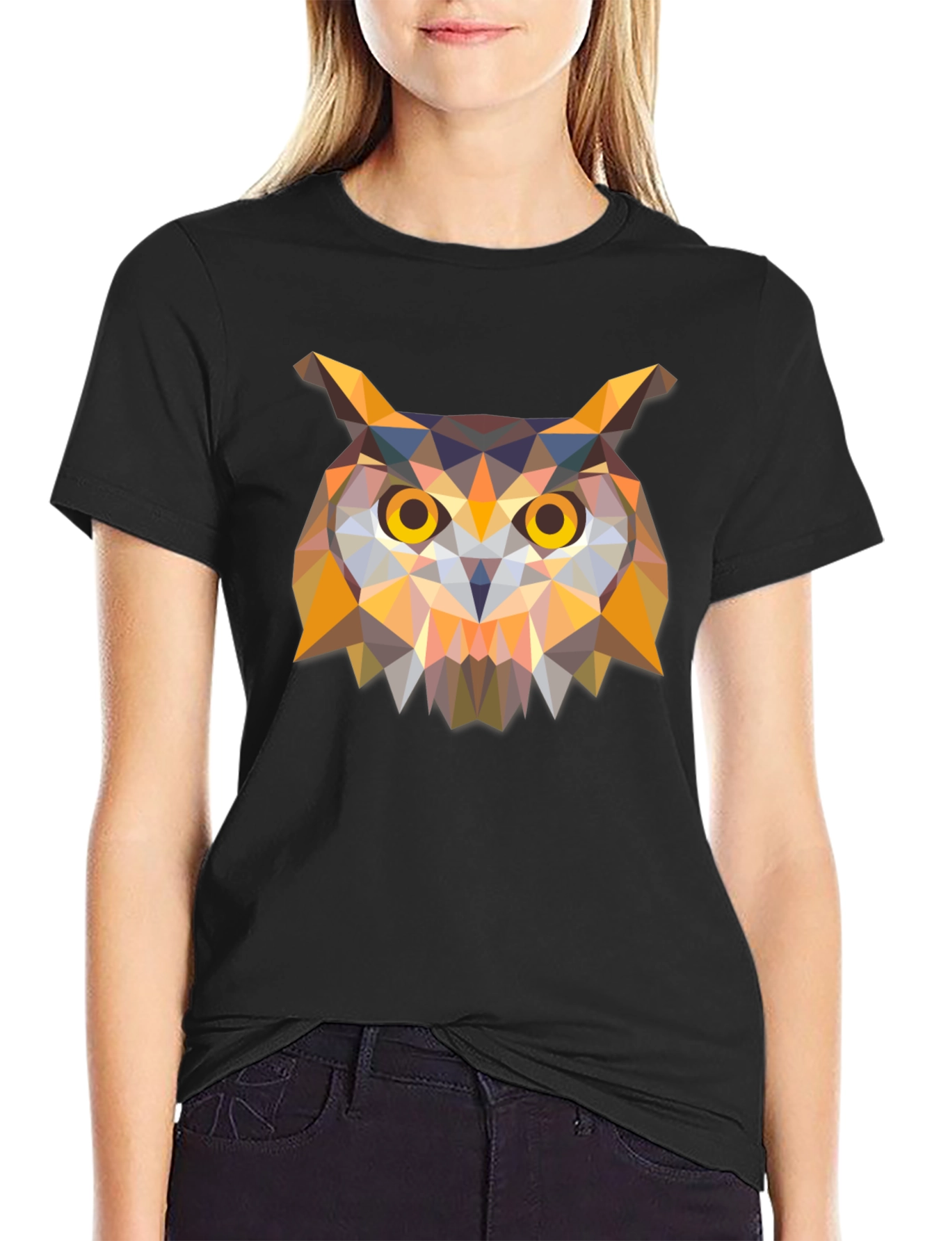 Black Geometric Owl Graphic Black T-Shirt view 2