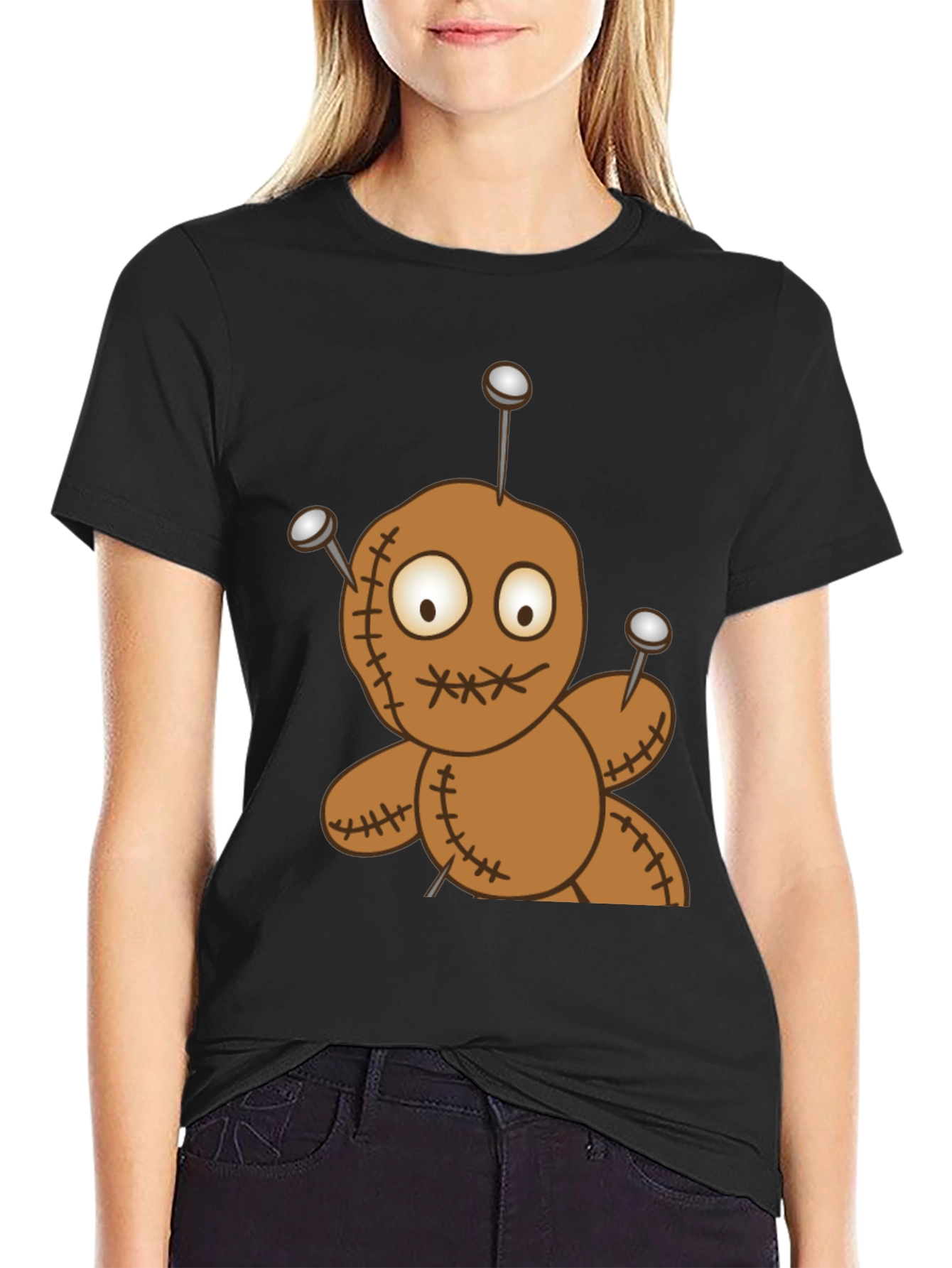 Black Voodoo Doll Graphic Tee - Black Cotton T-Shirt view 2