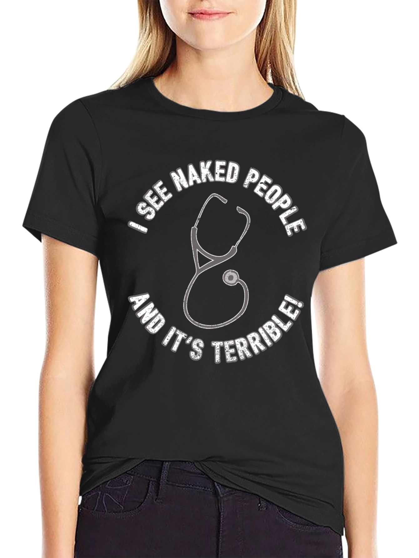 Black Funny Doctor/Nurse Black T-Shirt - Naked People Stethoscope view 2