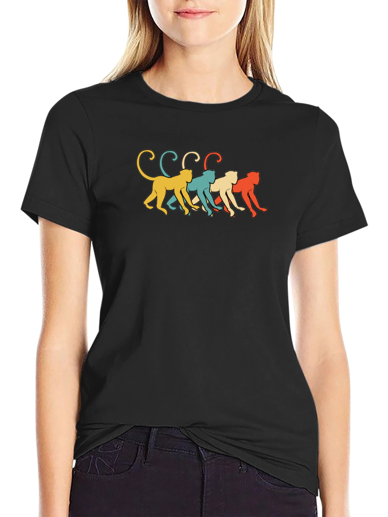 Black Retro Monkey Line Graphic Tee - Soft Black Cotton view 2