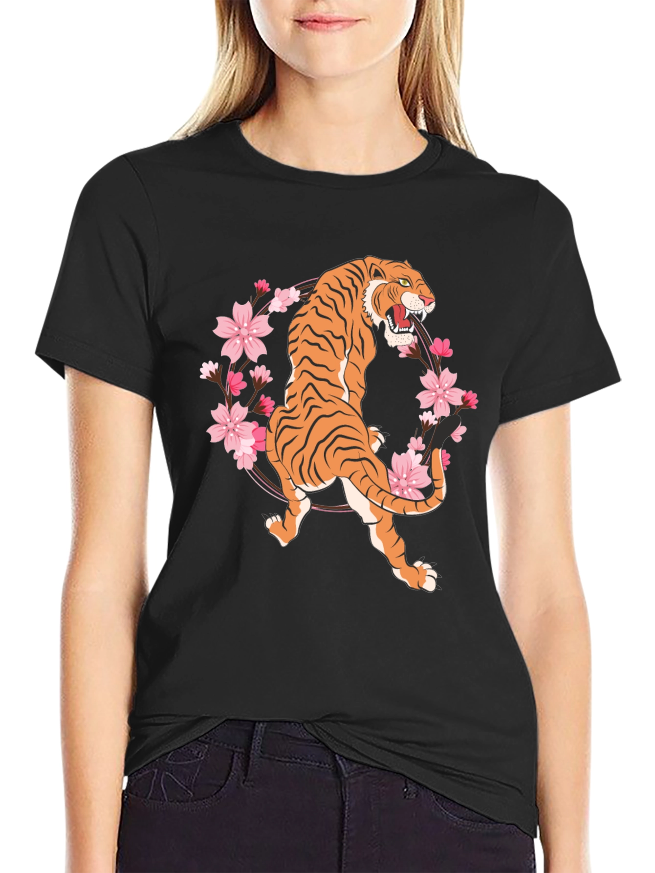 Black Tiger & Cherry Blossom Graphic Tee - Black view 2