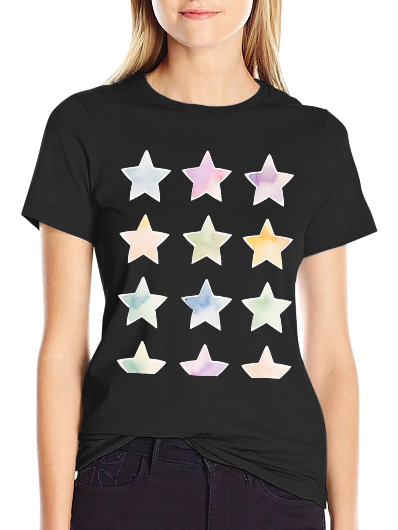 Black Watercolor Star Print Black T-Shirt view 2