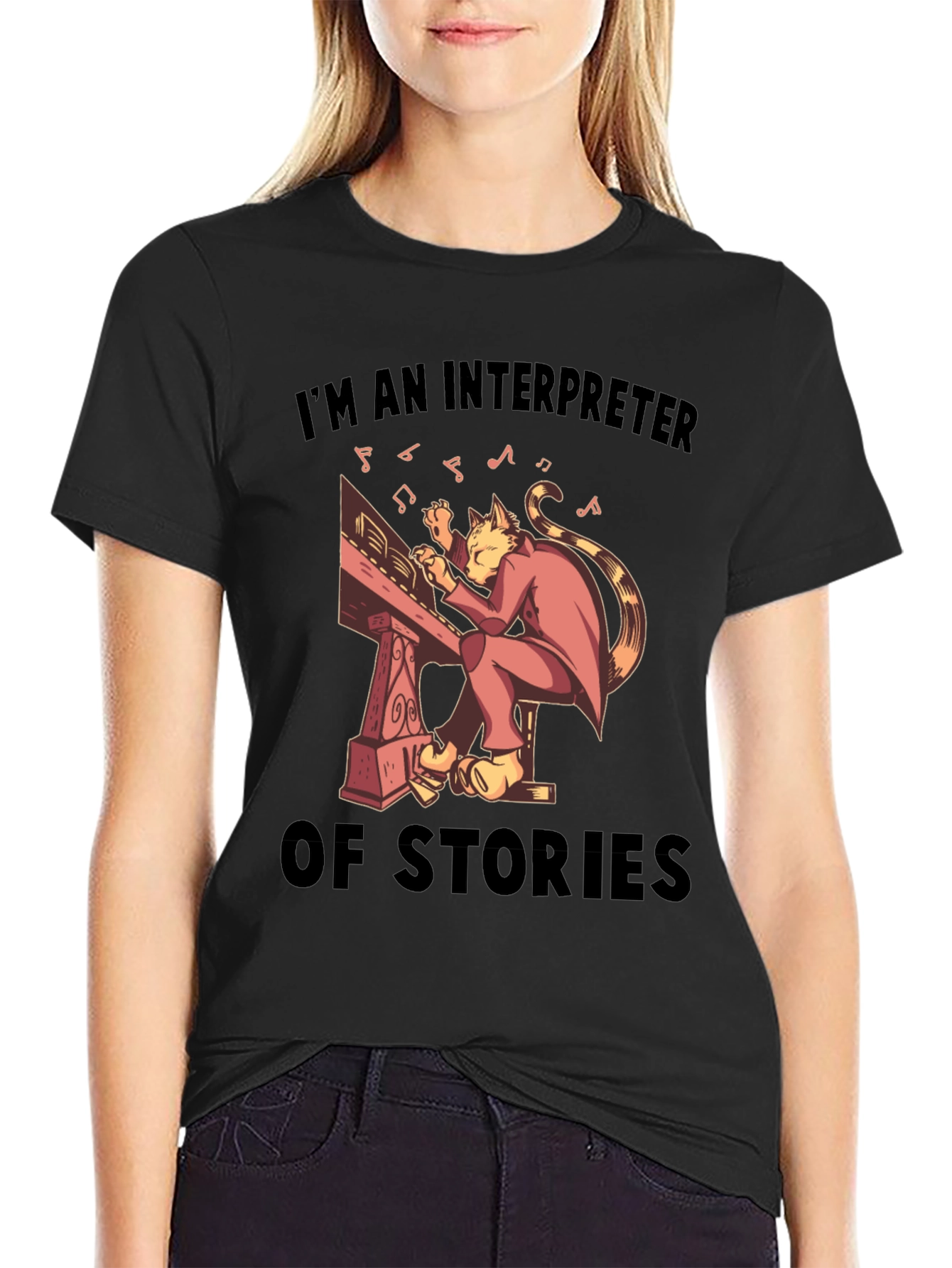 Black Interpreter of Stories Cat Musician T-Shirt view 2