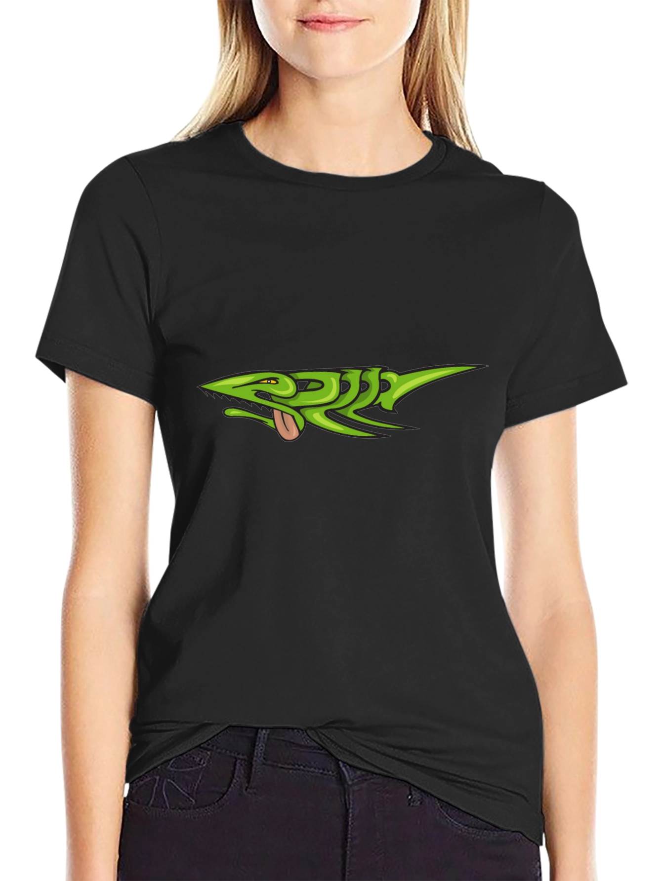 Black Green Lizard Graphic Black T-Shirt view 2